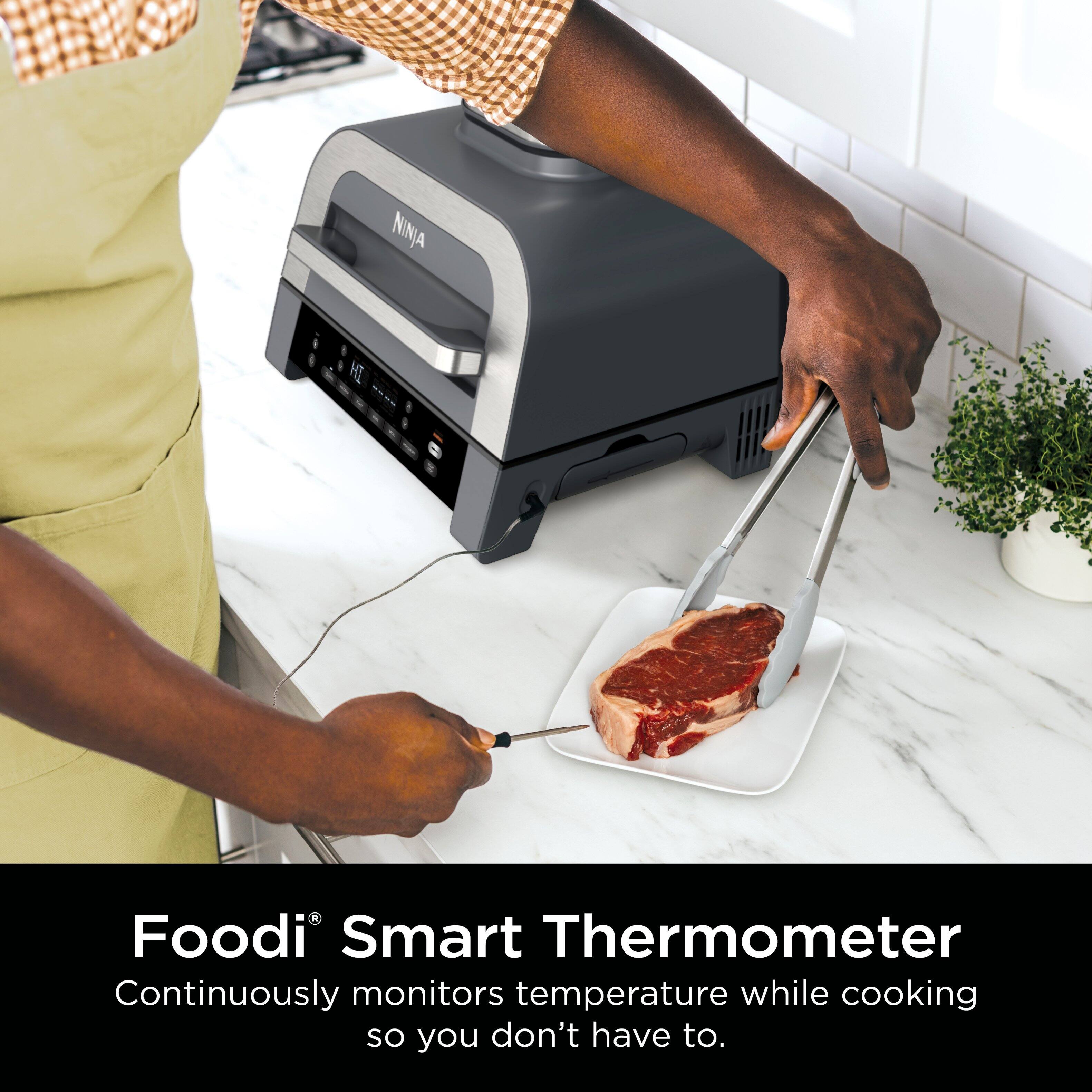 The text on the image reads: "NINJA HI Foodi Smart Thermometer Continuously monitors temperature while cooking so you don't have to."