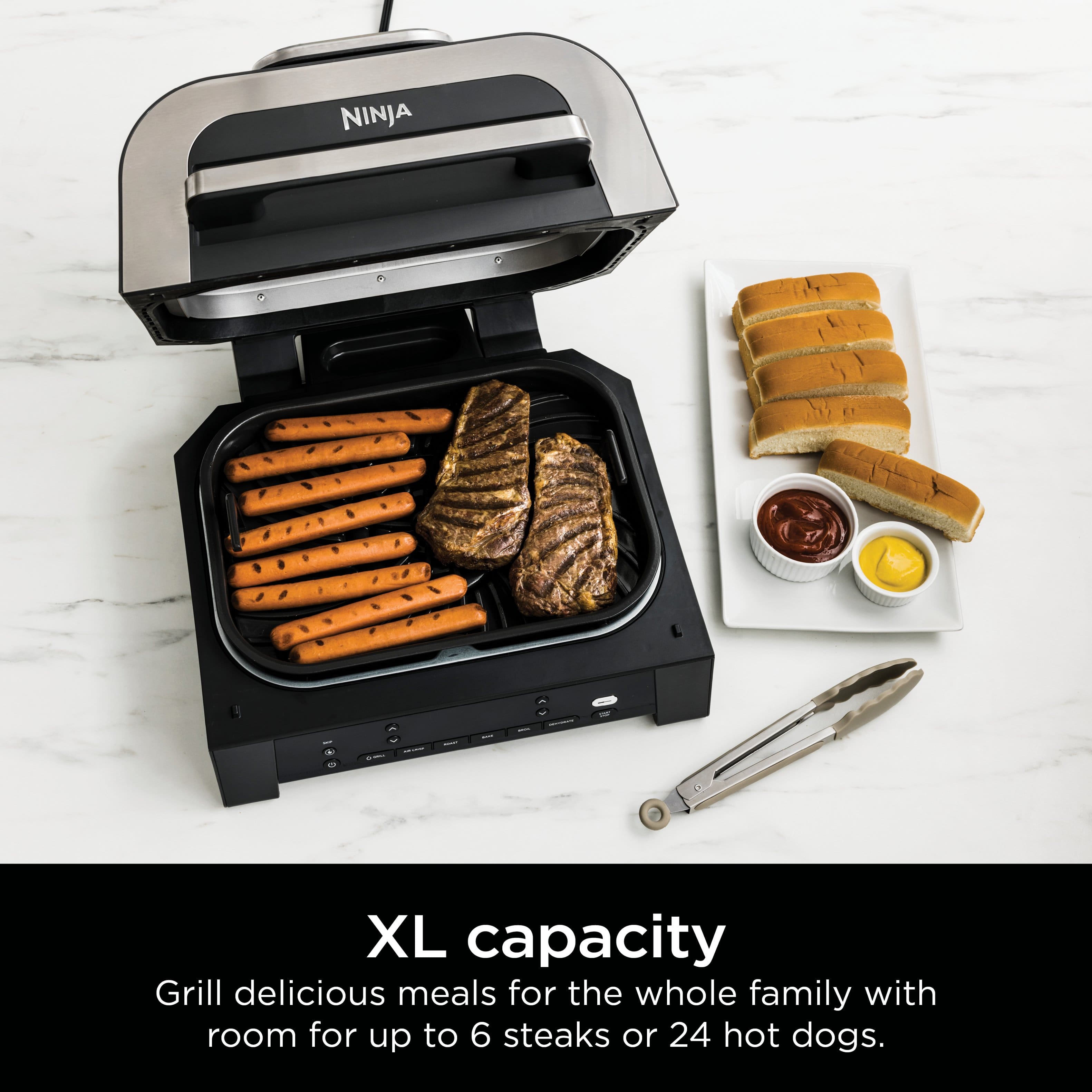 Ninja XL capacity grill delicious meals for the whole family with room for up to 6 steaks or 24 hot dogs.