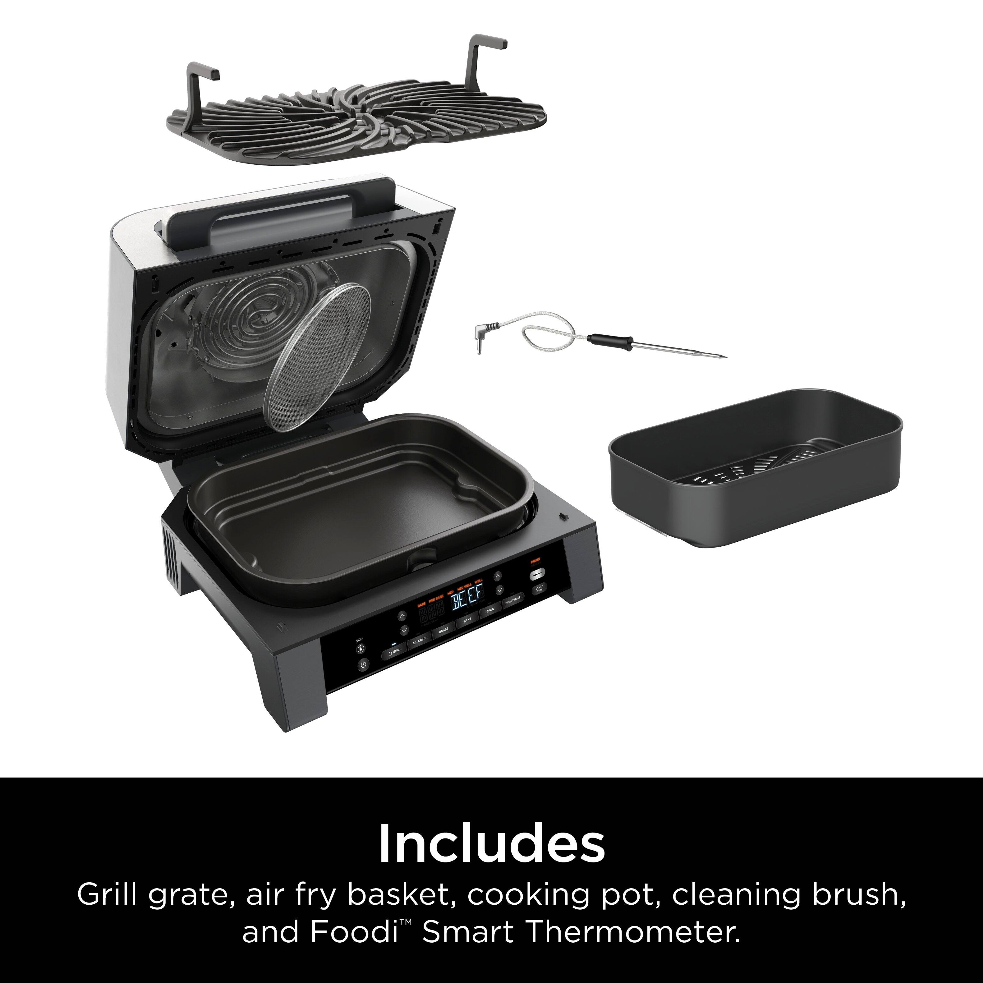 Includes Grill grate, air fry basket, cooking pot, cleaning brush, and Foodi Smart Thermometer.