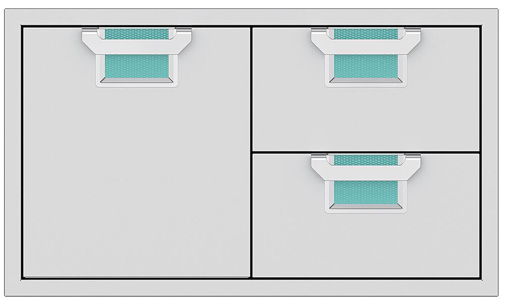 Angle. Aspire by Hestan - AESDR Series 36" Double Drawer and Storage Door Combination - Turquoise.