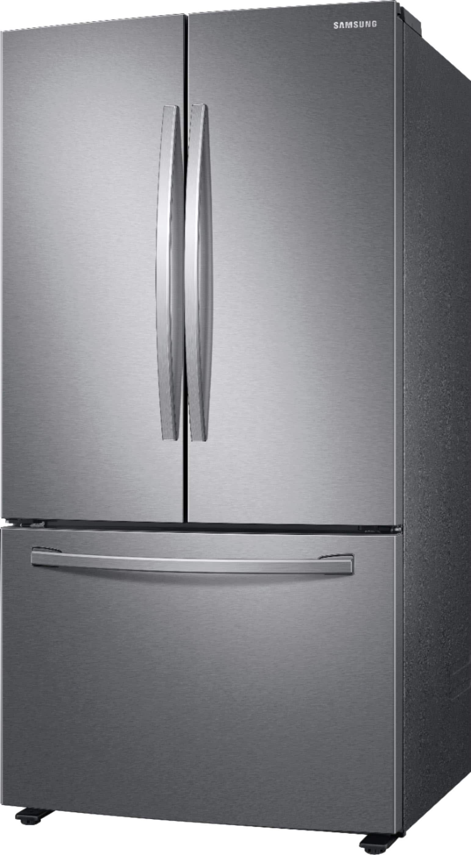 Left View: Samsung - Geek Squad Certified Refurbished 28 cu. ft. Large Capacity 3-Door French Door Refrigerator with AutoFill Water Pitcher - Stainless steel