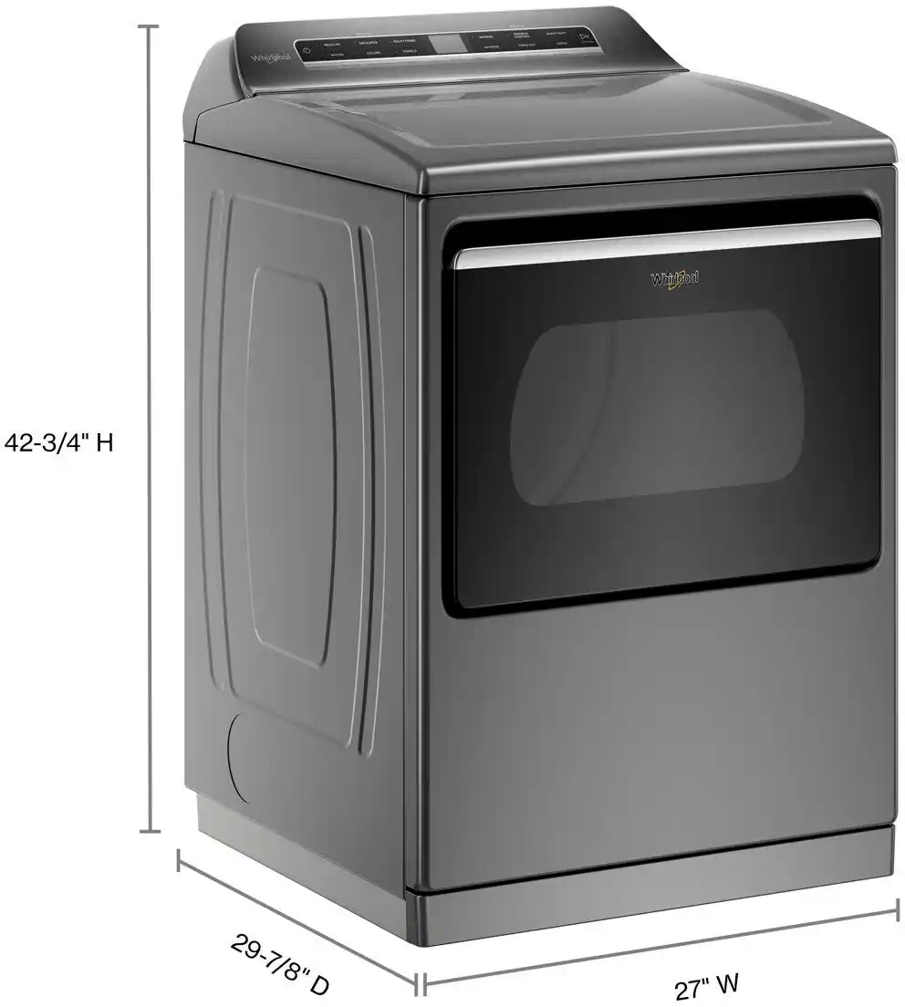 The image features a kitchen with a washer and dryer set. The washer is a large, metallic appliance with a black door, while the dryer is located next to it. The kitchen also includes a sink and a refrigerator. The advertisement for the washer and dryer emphasizes the smart features that help streamline the laundry routine and keep the day moving.