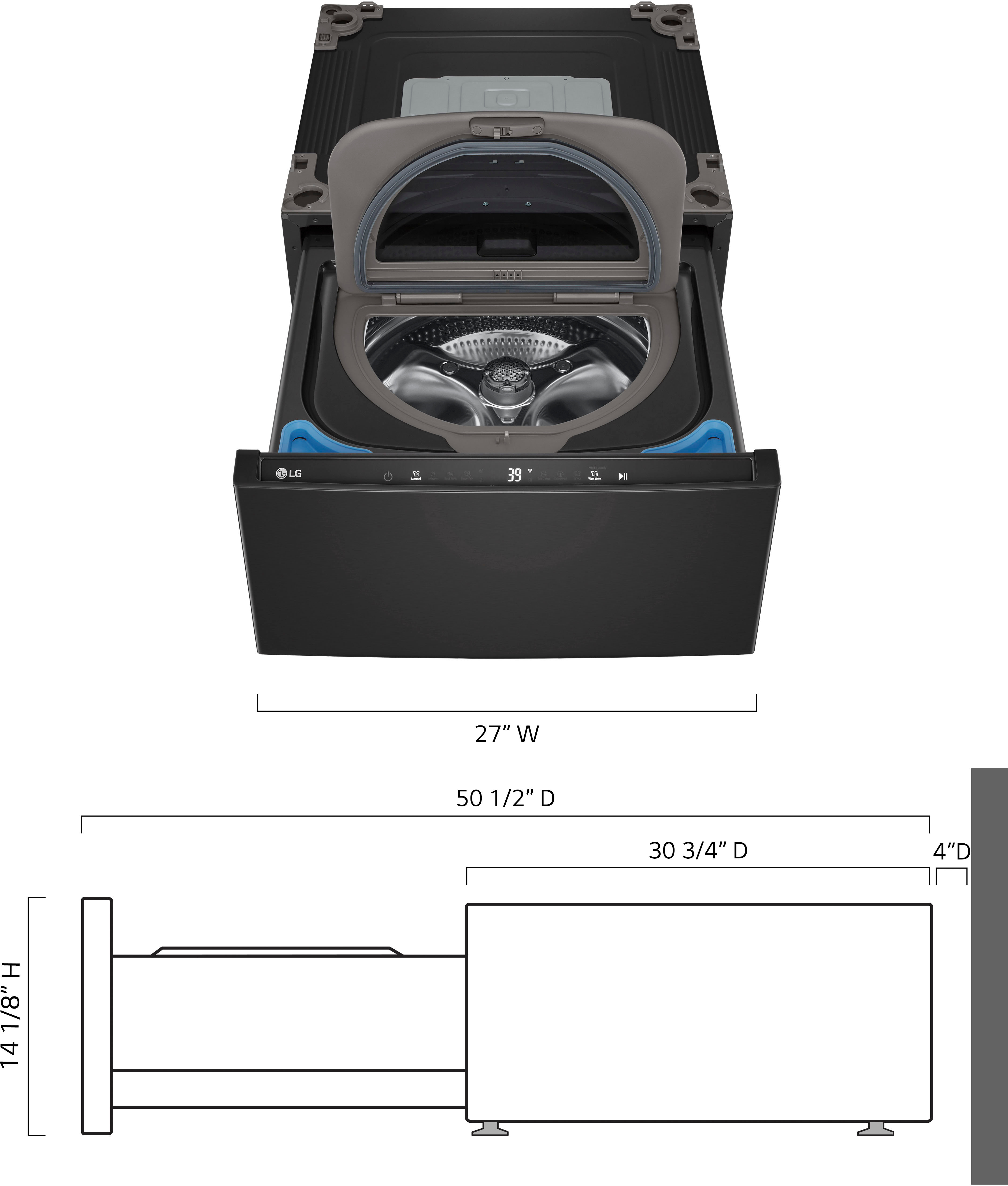 Left View: LG - SideKick 1.0 Cu. Ft. High-Efficiency Smart Top Load Pedestal Washer - Black Steel