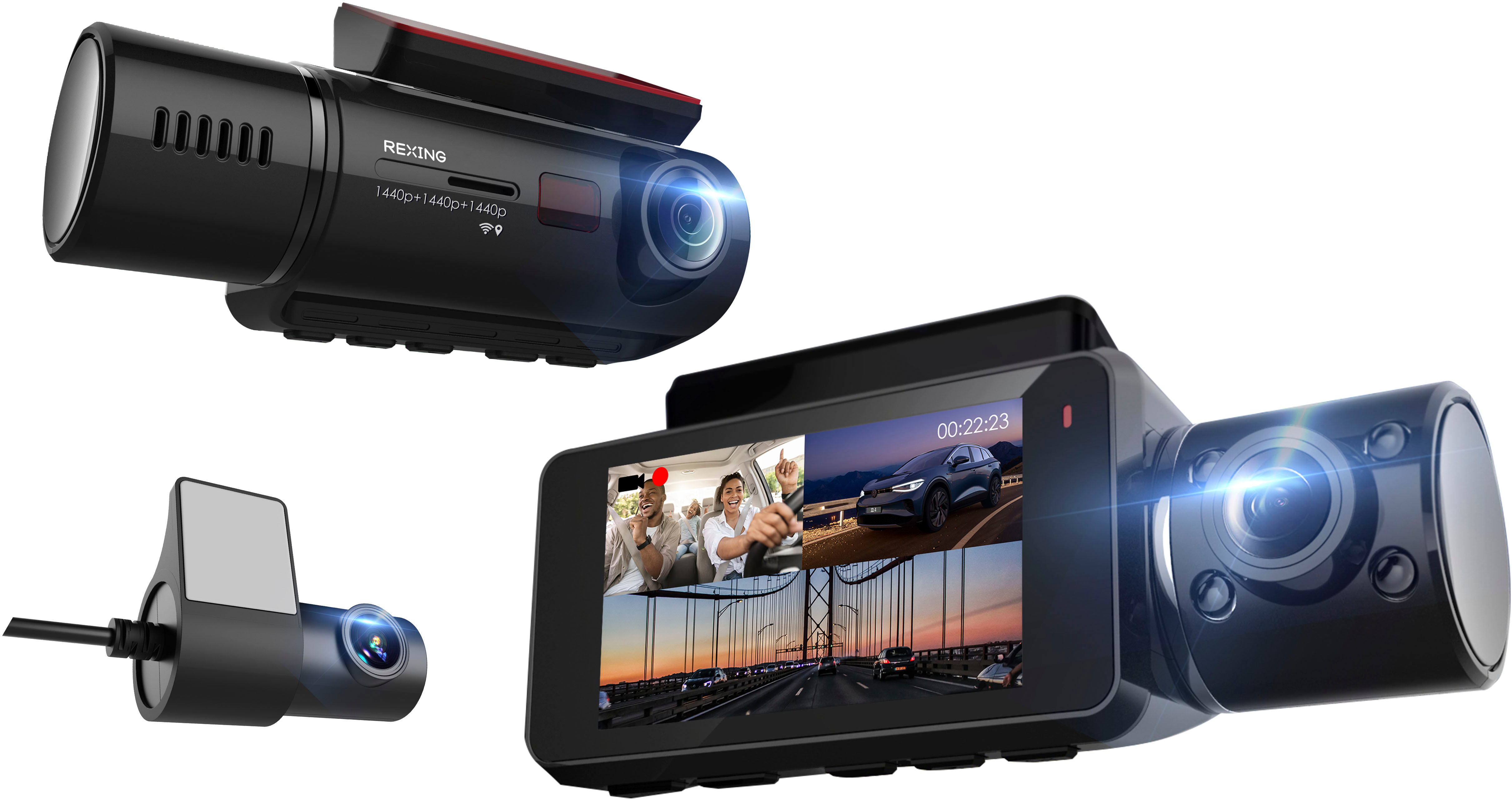 Angle View: Rexing - V33 3 Channel 1440p+1440p+1440p Resolution Dashcam with Front, Cabin and rear camera, GPS, Mobile App, Parking Monitor - Black