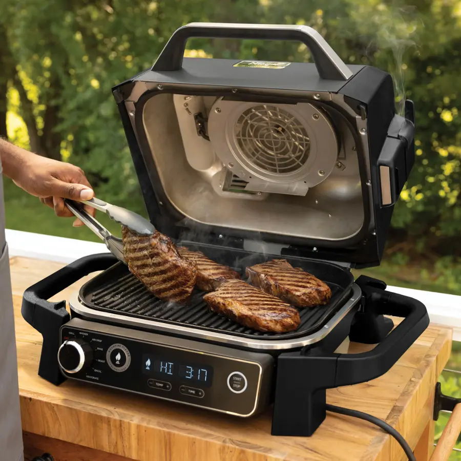 Alt View 13. Ninja - Woodfire Outdoor Grill & Smoker, 7-in-1 Master Grill, BBQ Smoker, & Outdoor Air Fryer with Woodfire Technology - Grey.