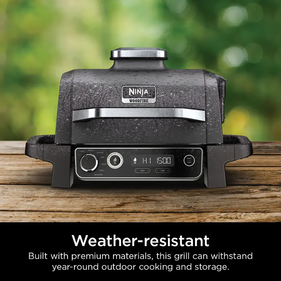 Ninja Woodfire - CRRNIN DLARID i - H TEP: 1500 - sAeI d I Weather-resistant. Built with premium materials, this grill can withstand year-round outdoor cooking and storage.