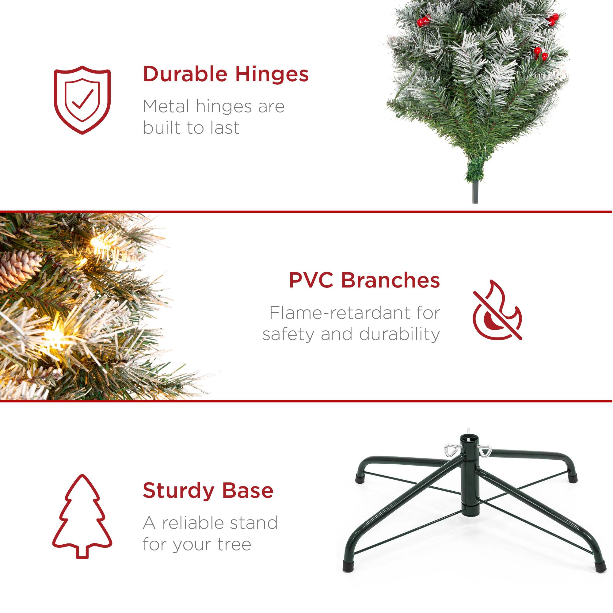 Durable Hinges: Metal hinges are built to last.

PVC Branches: Flame-retardant for safety and durability.

Sturdy Base: A reliable stand for your tree.