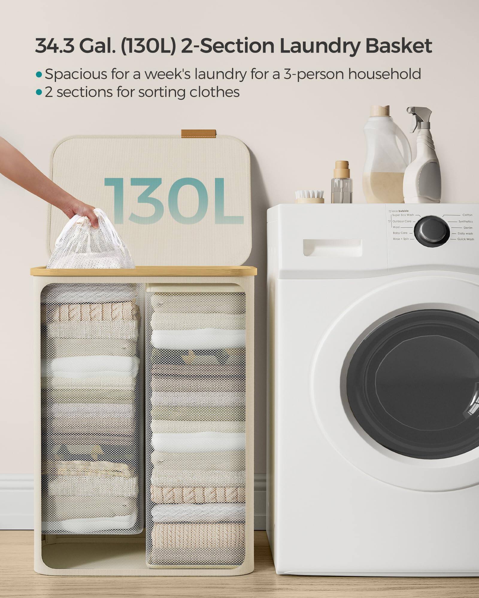 34.3 Gal. (130L) 2-Section Laundry Basket  
Spacious for a week's laundry for a 3-person household  
2 sections for sorting clothes