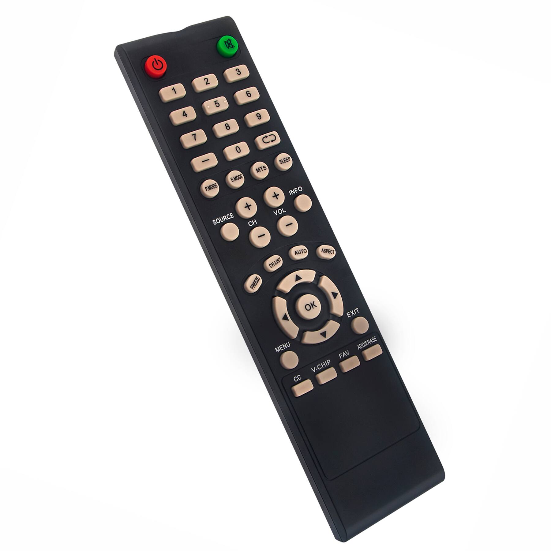 Sure, here is the corrected and grouped text from the image:

**Top Row:**
- Power (Red Button)
- Mute (Green Button)

**Number Pad:**
- 1 2 3
- 4 5 6
- 7 8 9
- 0

**Volume and Channel Controls:**
- VOL -
- VOL +
- CH -
- CH +

**Additional Controls:**
- SLEEP
- INFO
- NTS
- AUTO
- ASPECT
- SOURCE

**Central Navigation:**
- OK
- EXIT
- MENU
- ADD/DELETE
- FAV
- V-CHIP
- CC

**Bottom Row:**
- RESET