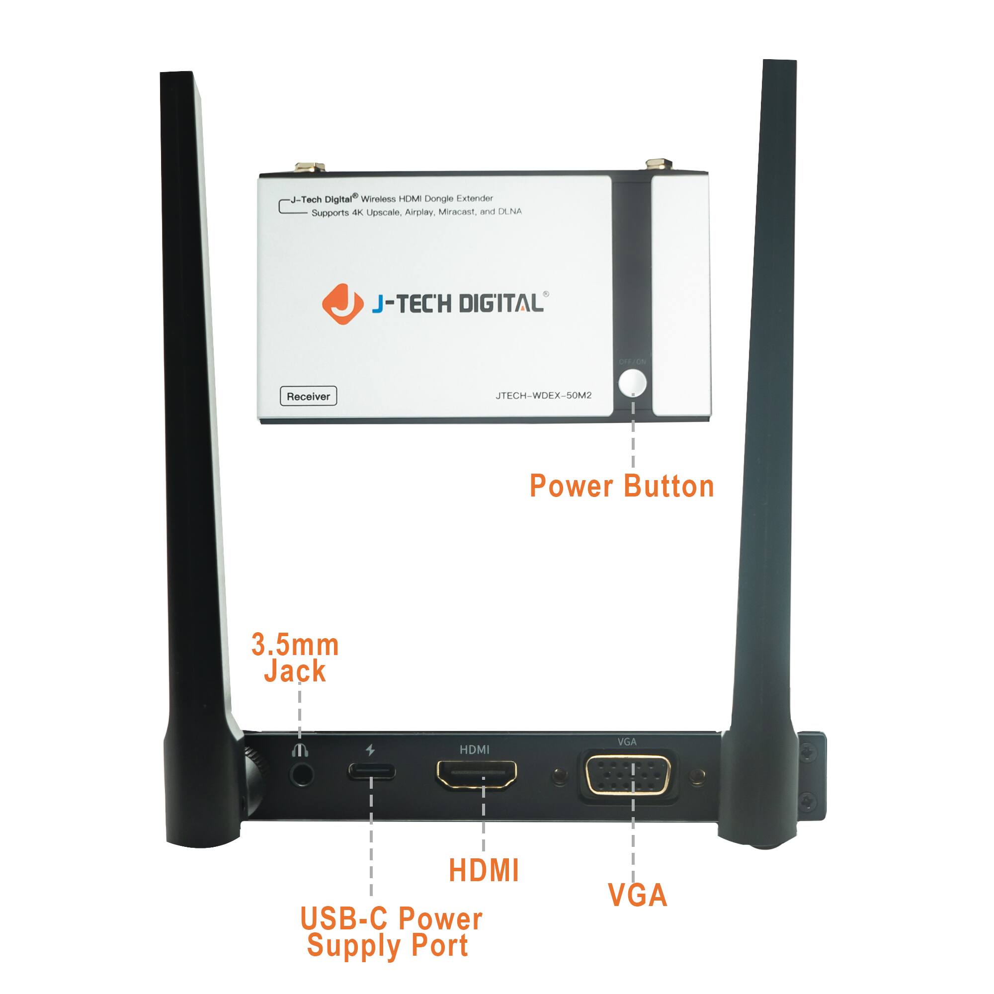 - J-Tech Digital Wireless HDMI Dongle Extender
- Supports 4K Upscale, Airplay, Miracast, and DLNA
- J-TECH DIGITAL
- JTECH-WDEX-50M2
- Power Button
- 3.5mm Jack
- HDMI
- VGA
- USB-C Power Supply Port