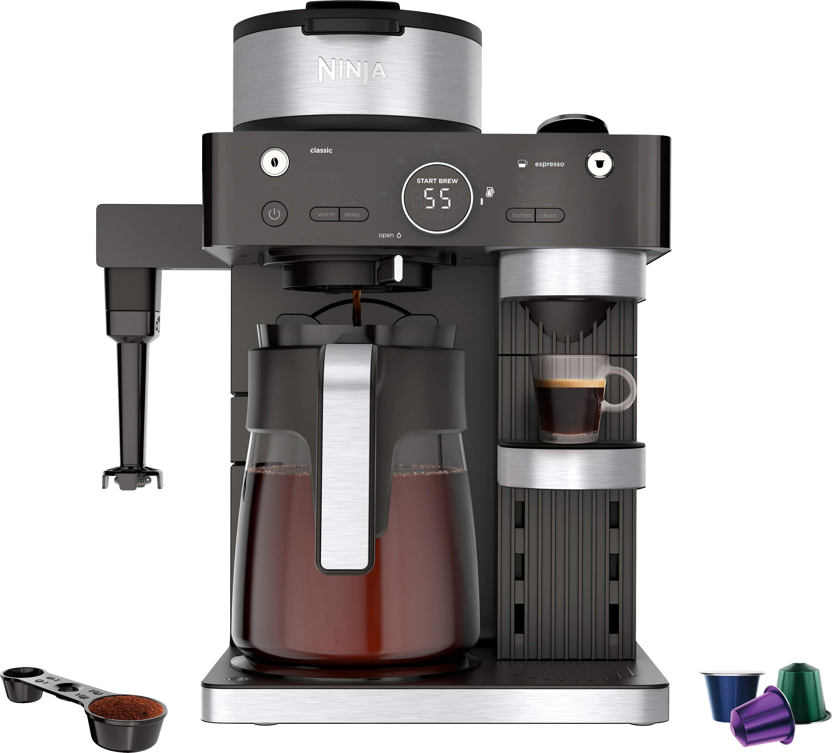 The text on the image reads: "2-in-1 compact system Save space with one machine that brews coffee and espresso, measuring at just 12" X 10" X 15".