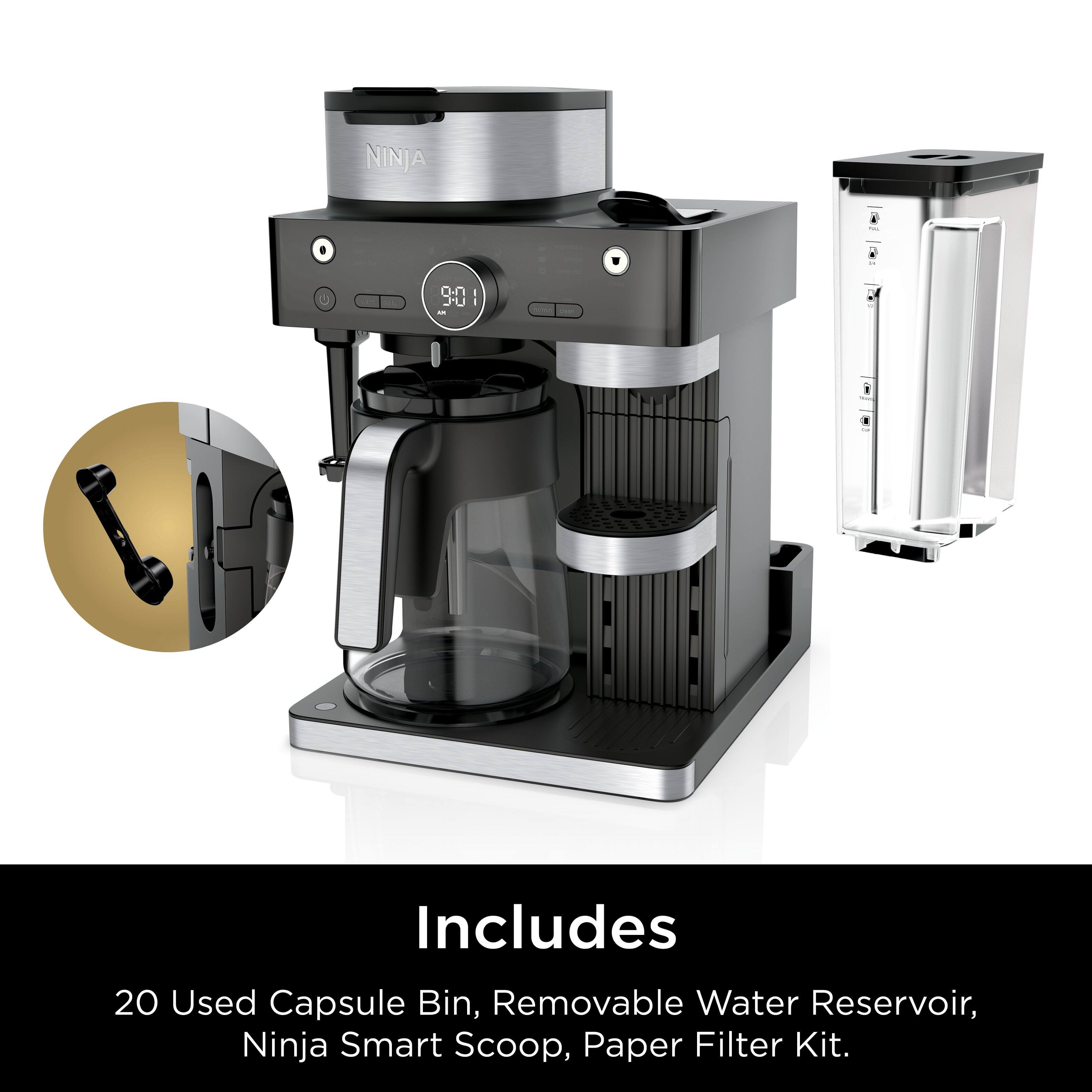 The image features a Ninja coffee maker that includes a 20 used capsule bin, a removable water reservoir, a Ninja Smart Scoop, and a paper filter kit.