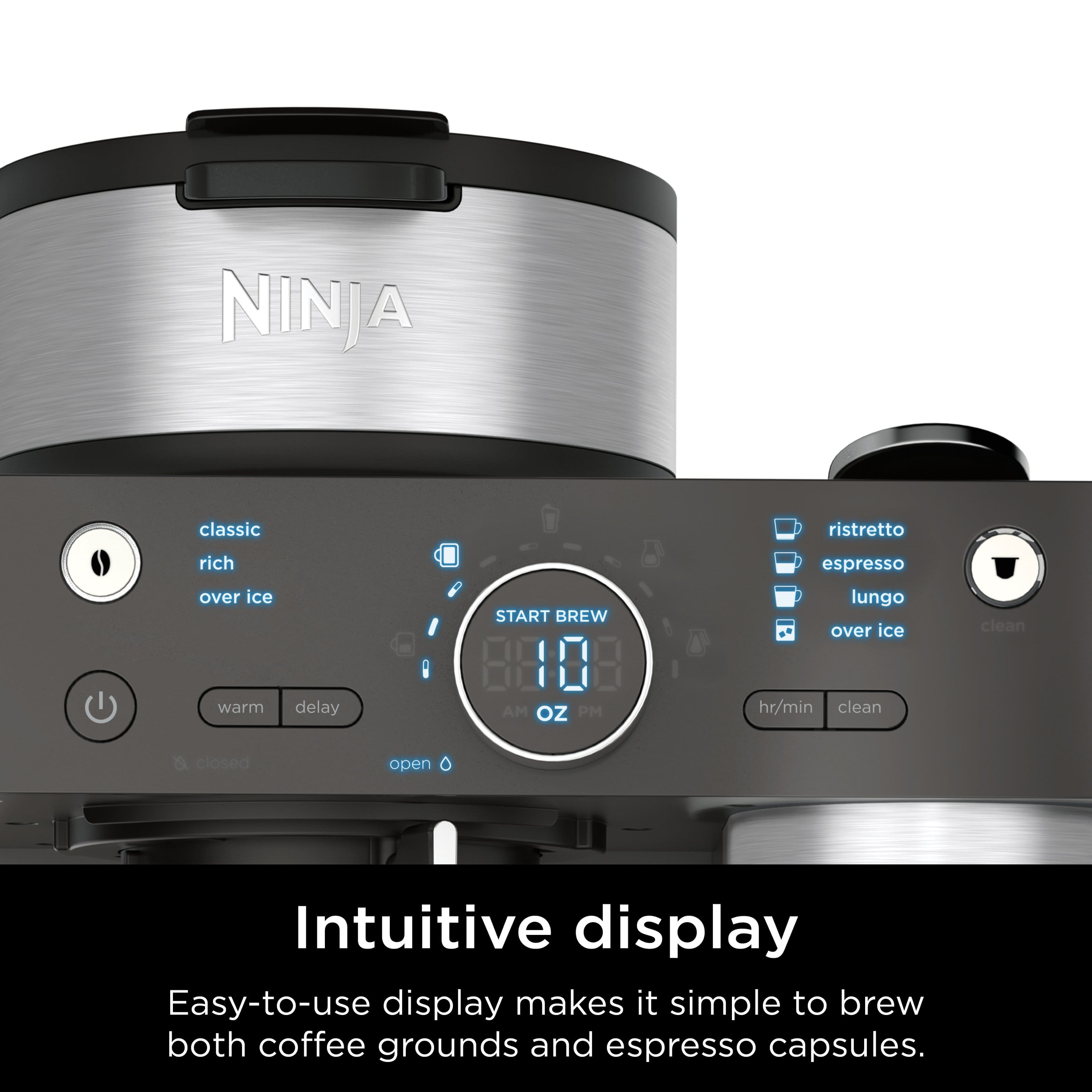 Intuitive display makes it simple to brew both coffee grounds and espresso capsules. Easy-to-use display makes it simple to brew both coffee grounds and espresso capsules.