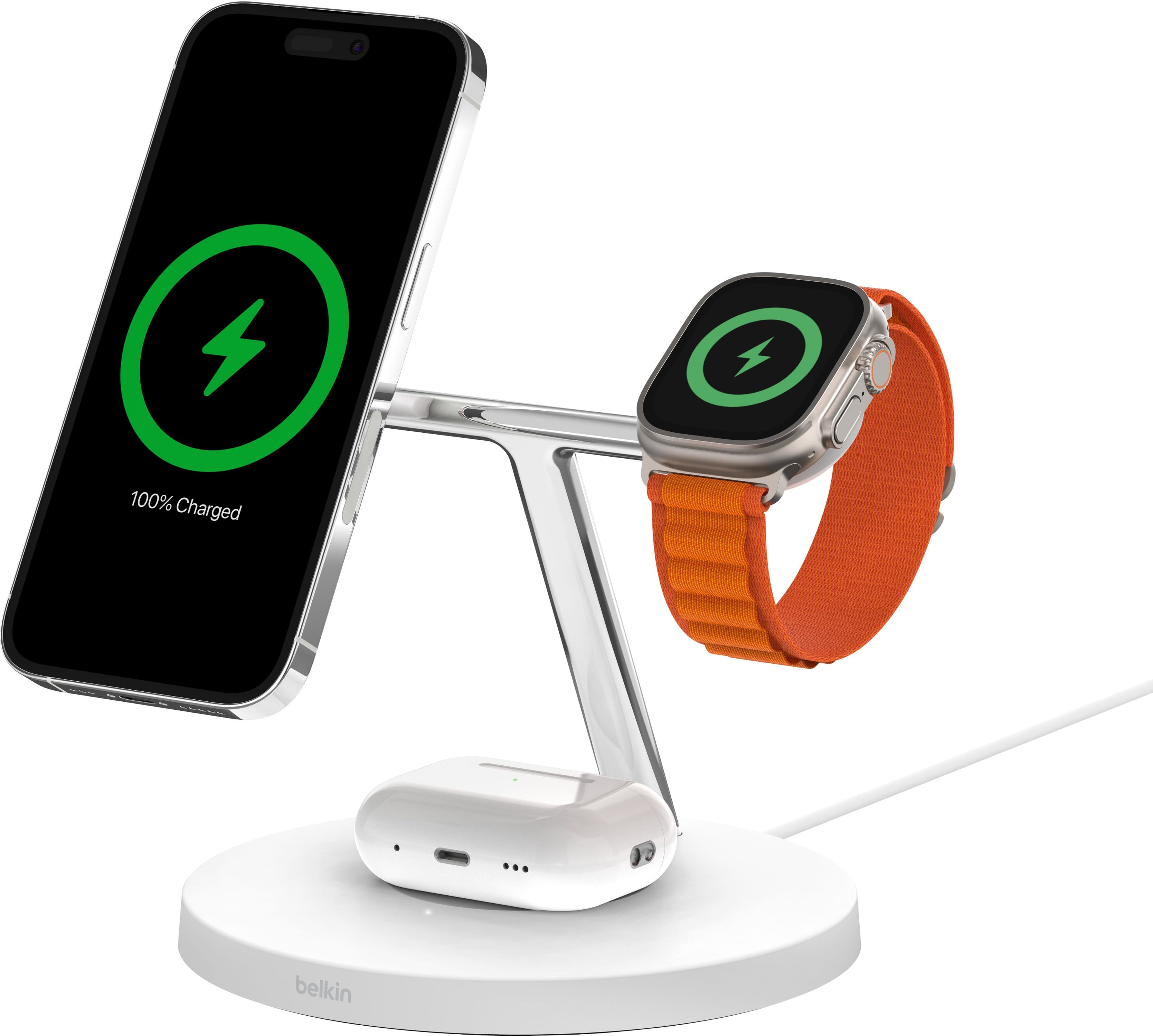 Front. Belkin - MagSafe 3-in-1 Wireless Charging Stand - 2ND GEN with Faster Apple Watch Charging- iPhone 15, 14 & 13 series & AirPods - White.