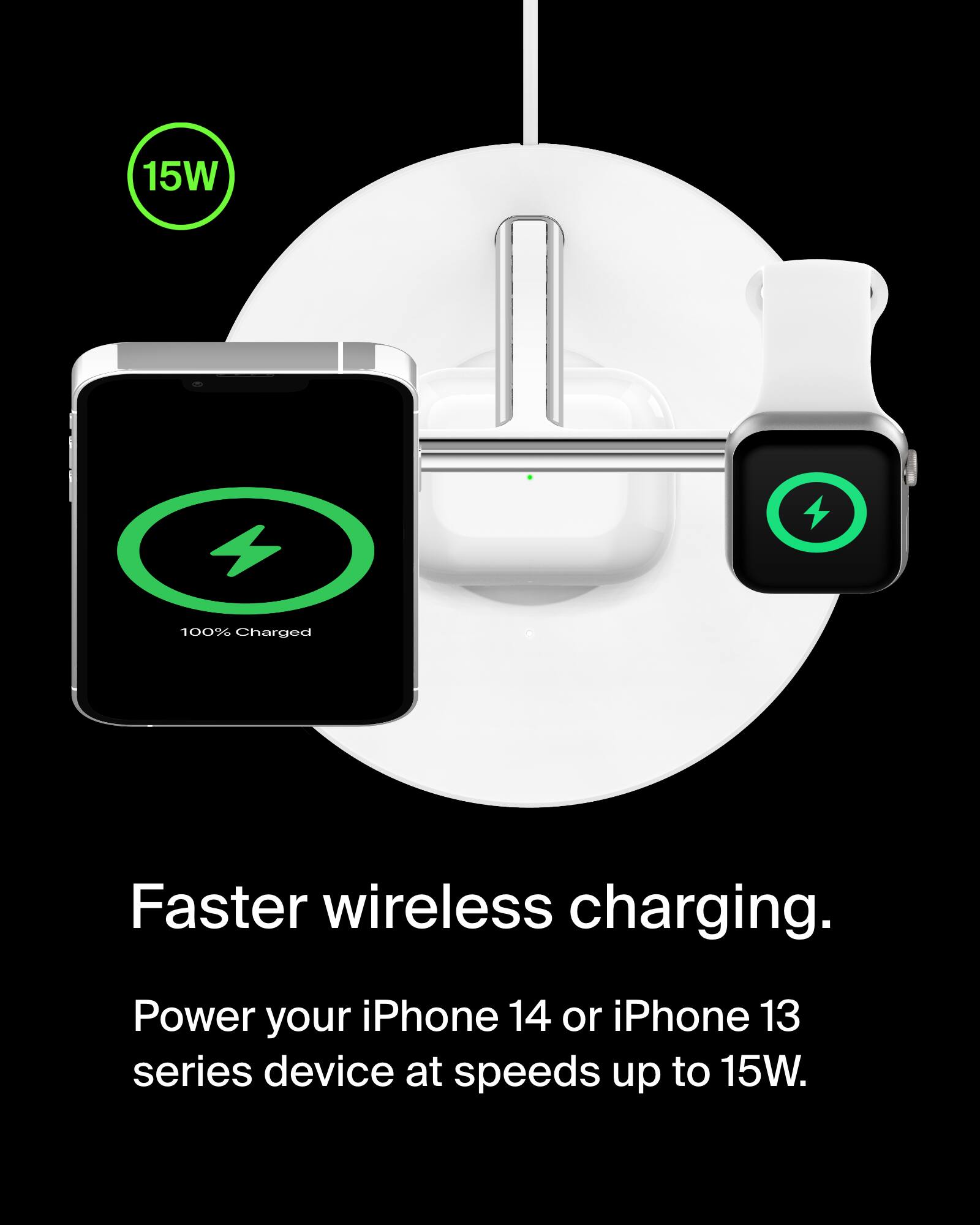 Power Adapters and Chargers: 15W 100% Charged Faster wireless charging. Power your iPhone 14 or iPhone 13 series device at speeds up to 15W.