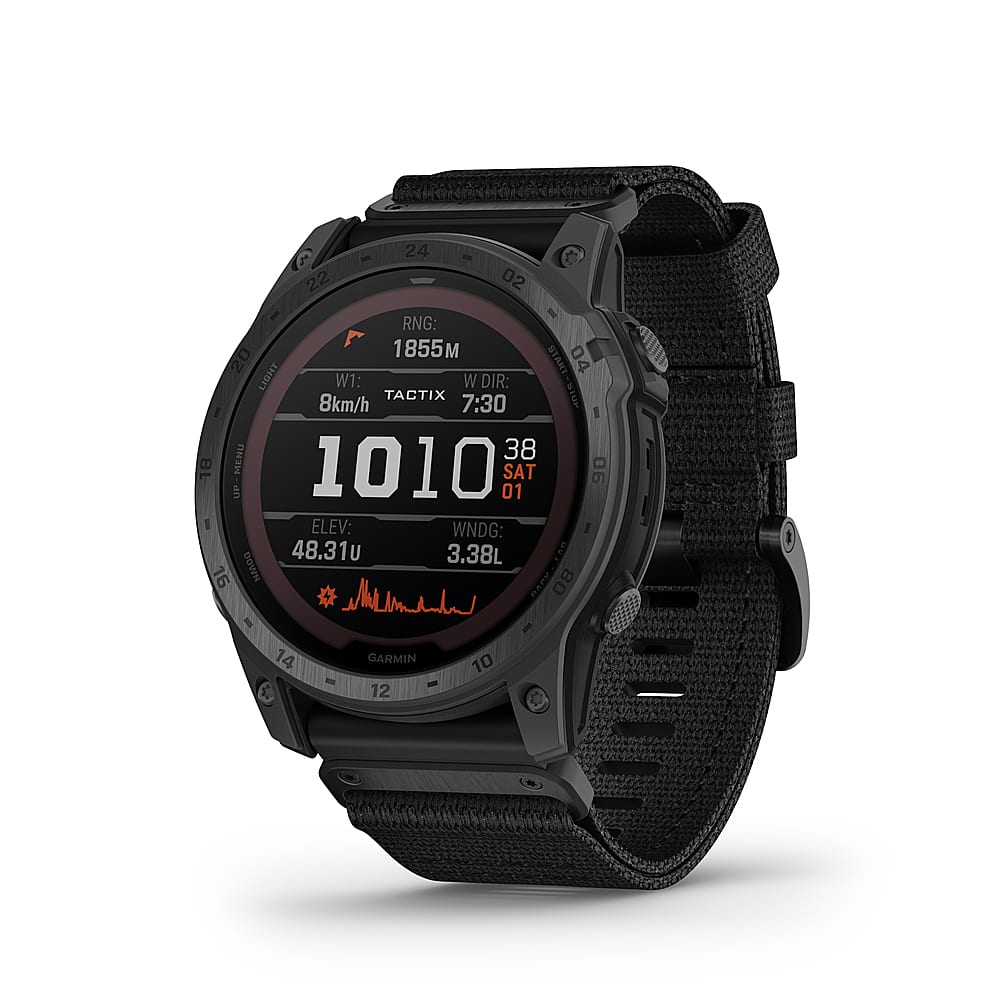 Left. Garmin - tactix 7 Pro Ballistics Edition Solar-powered Tactical GPS Smartwatch, Applied Ballistics 47 mm Fiber-reinforced polymer - Black.