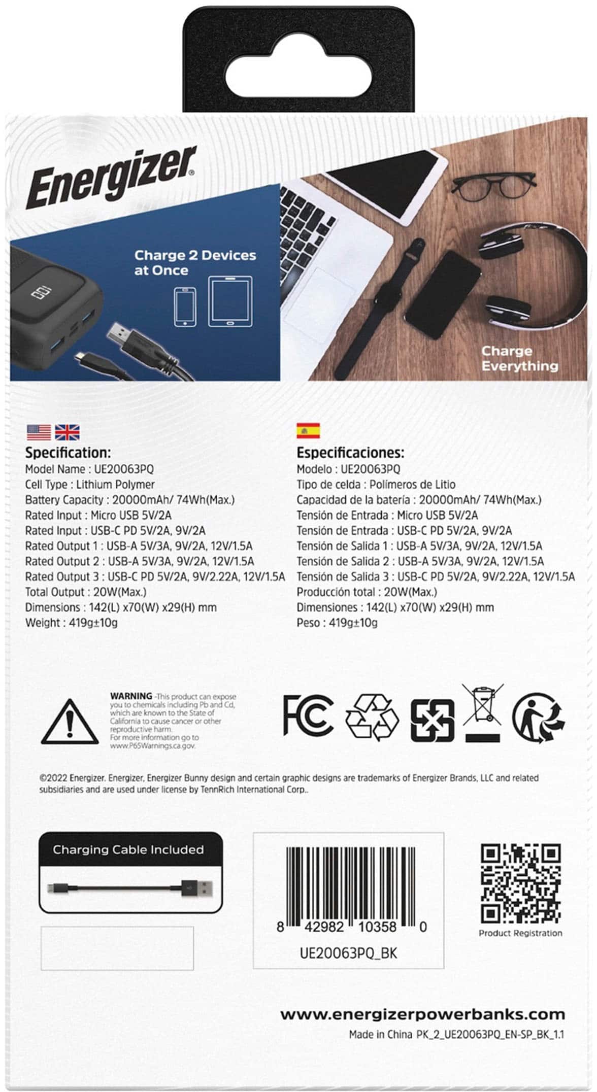 Alt View 25. Energizer - Ultimate Lithium 20,000 mAh 3-Port 22.5W Fast PD USB-C Universal Portable Battery Charger Power Bank with LCD Display - Black.