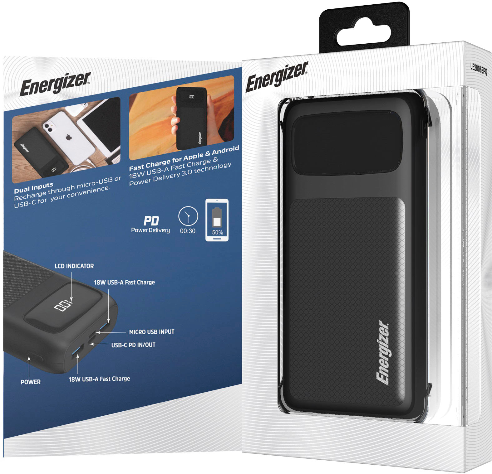 Batería externa Energizer carga rápida, 20000 mah, 22.5 w, negro - Coolbox