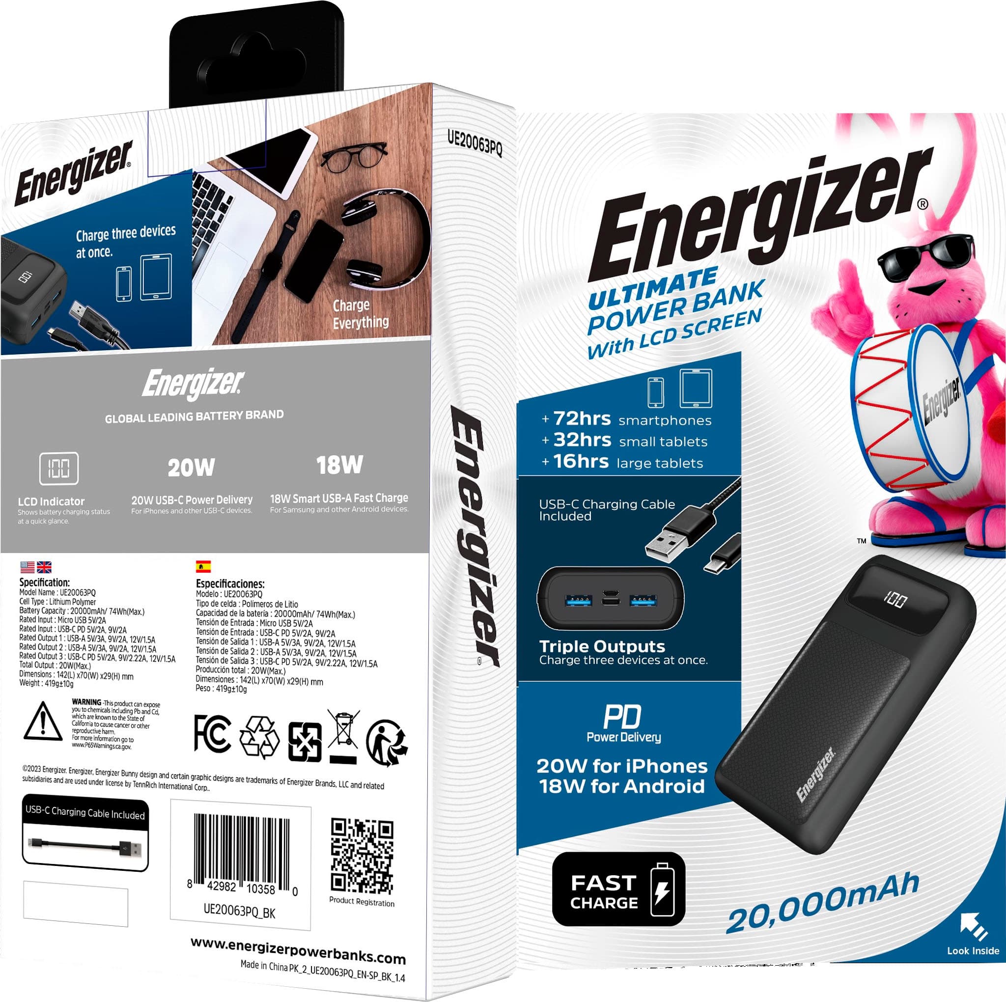 Alt View 26. Energizer - Ultimate Lithium 20,000 mAh 3-Port 22.5W Fast PD USB-C Universal Portable Battery Charger Power Bank with LCD Display - Black.