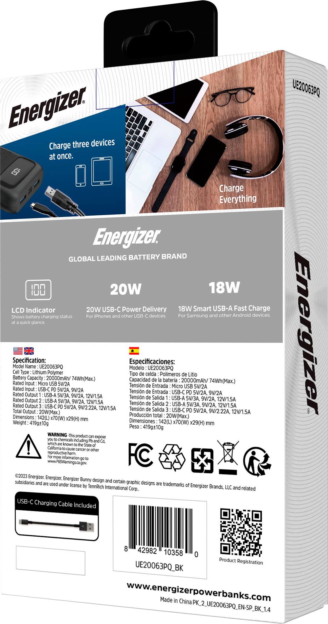 Alt View 27. Energizer - Ultimate Lithium 20,000 mAh 3-Port 22.5W Fast PD USB-C Universal Portable Battery Charger Power Bank with LCD Display - Black.