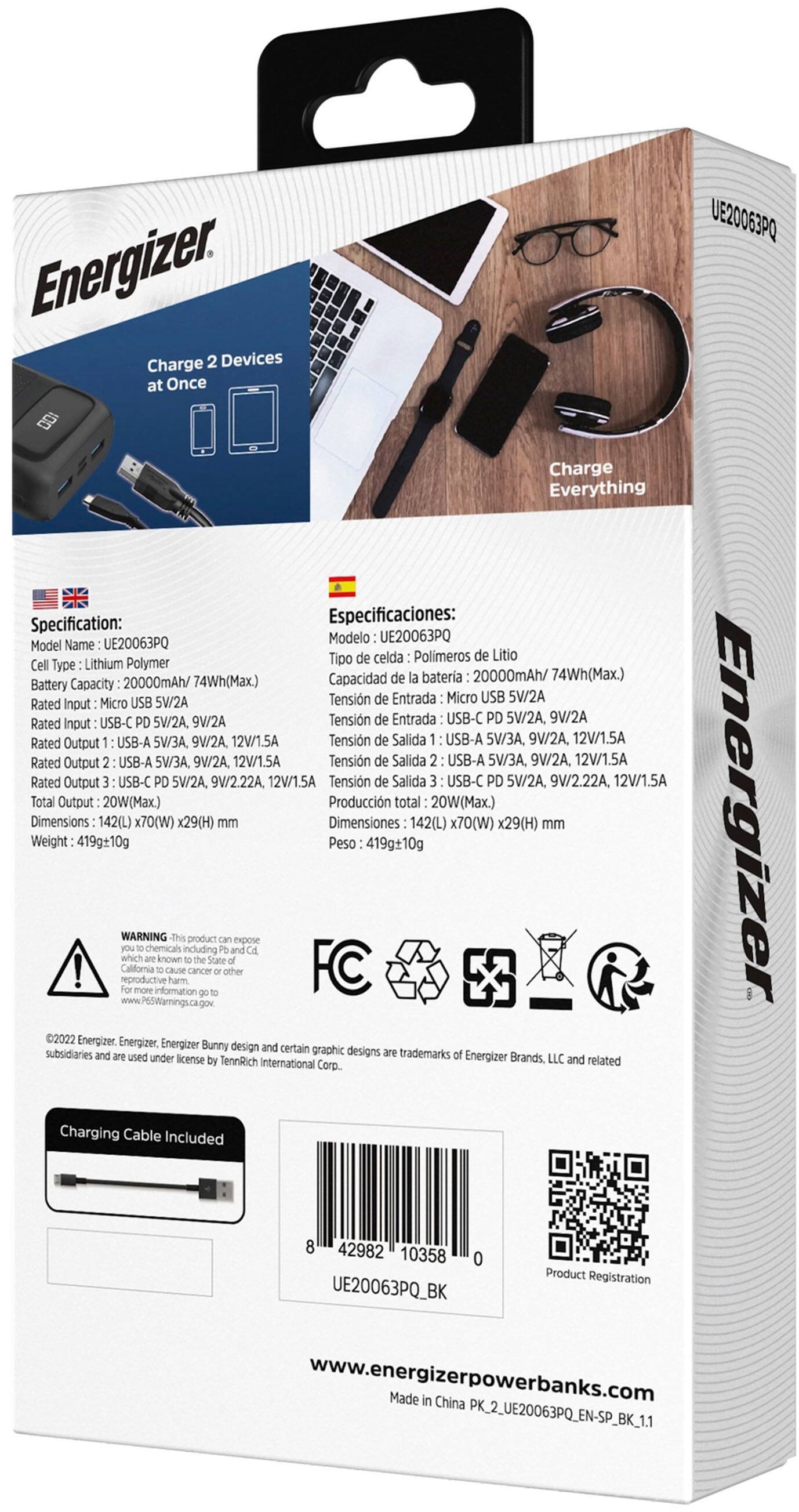 Alt View 29. Energizer - Ultimate Lithium 20,000 mAh 3-Port 22.5W Fast PD USB-C Universal Portable Battery Charger Power Bank with LCD Display - Black.