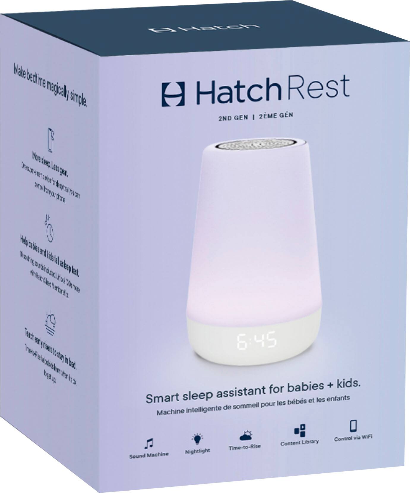 Hatch Rest is a smart sleep assistant for babies and kids. It is designed to help babies sleep better and develop healthy sleep habits. The device has a purple color and is shaped like a small egg. It is a smart sleep assistant for babies and kids, and it is available in a box. The box contains a Hatch Rest device and a sleep aid for babies and kids. The device is designed to help babies sleep better and develop healthy sleep habits.