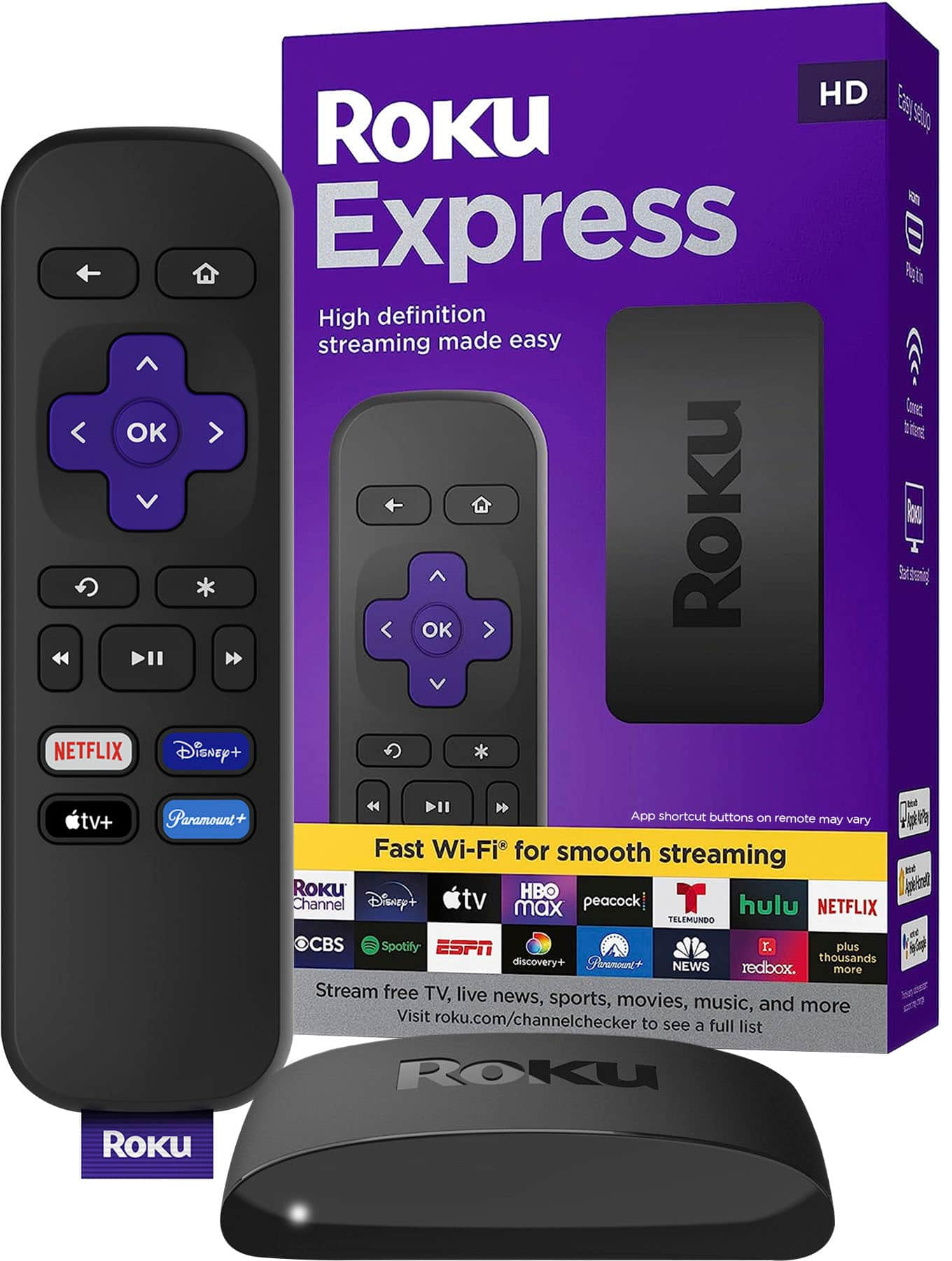 Roku Express (New) | HD Roku Streaming Device with Simple Remote (no TV  controls), Free & Live TV