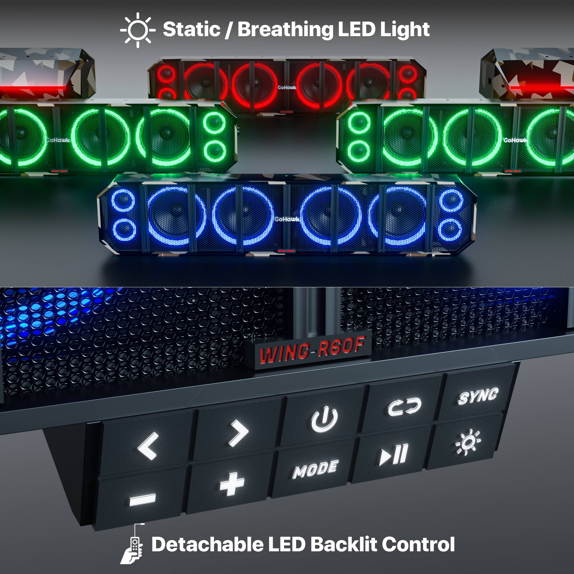 Static / Breathing LED Light

WING-R6OF

Detachable LED Backlit Control

SYNC + MODE