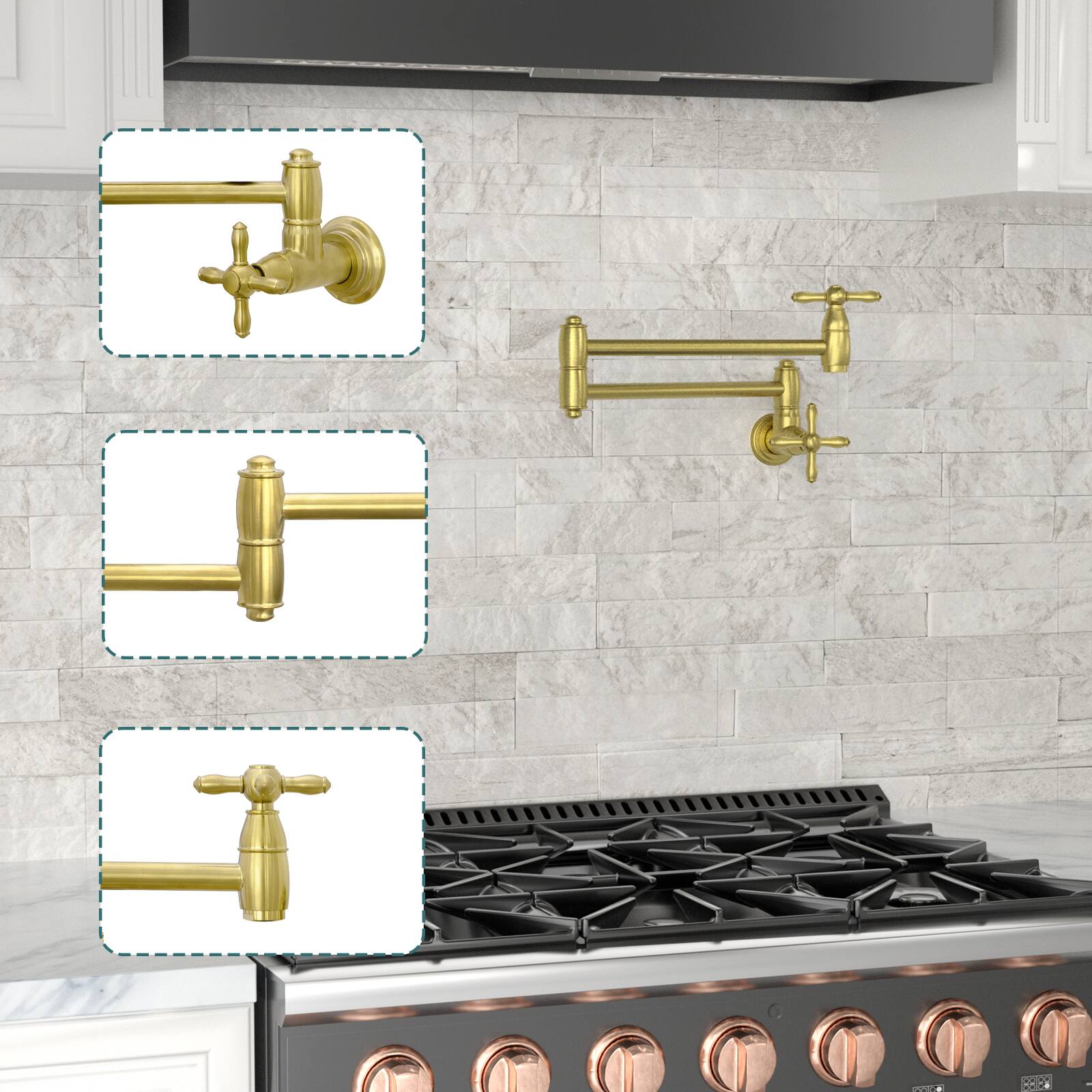 Alt View 3. Akicon - Akicon Solid Brass Wall Mount Pot Filler Kitchen Faucet with Double Joint Swing Arms for Stovetop in Brushed Gold - Brushed Gold.