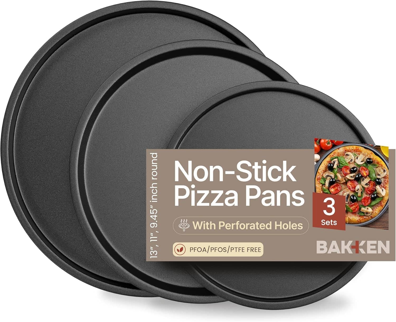 Bakken- Swiss - Bakken Swiss 3-Piece Pizza Tray Set – Ceramic Coating, Non-Stick Round Steel Pans, Dishwasher Safe - Gray