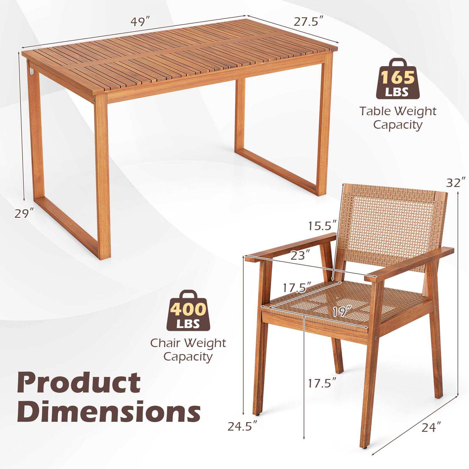 49" x 27.5" x 29" Table Weight Capacity: 165 LBS  
32" x 15.5" x 23" x 17.5" x 19" x 17.5" x 24" Chair Weight Capacity: 400 LBS  
Product Dimensions: 24.5" x 17.5" x 19" x 17.5" x 24"
