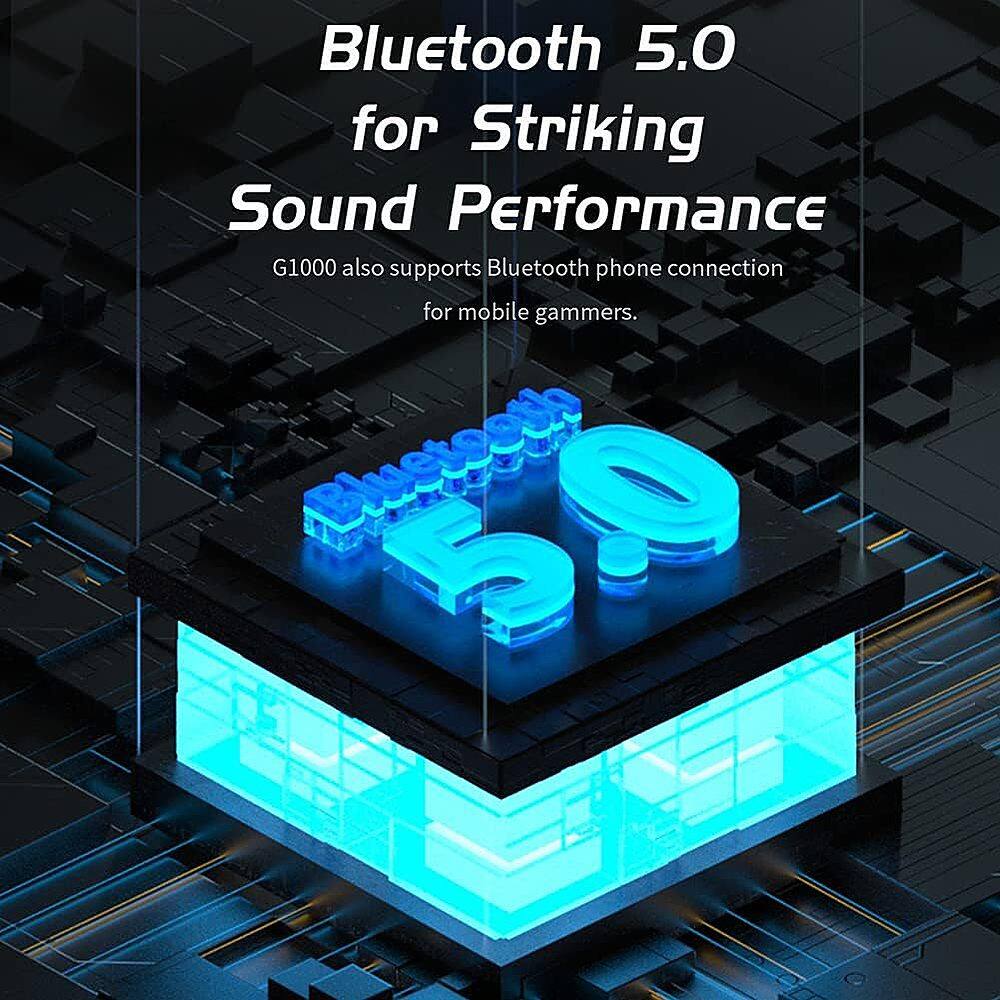 The image features a Bluetooth 5.0 speaker with a striking sound performance. The speaker is designed to enhance the gaming experience for mobile gamers, as it supports Bluetooth phone connections. The speaker is showcased in a futuristic setting, with a blue and white design.