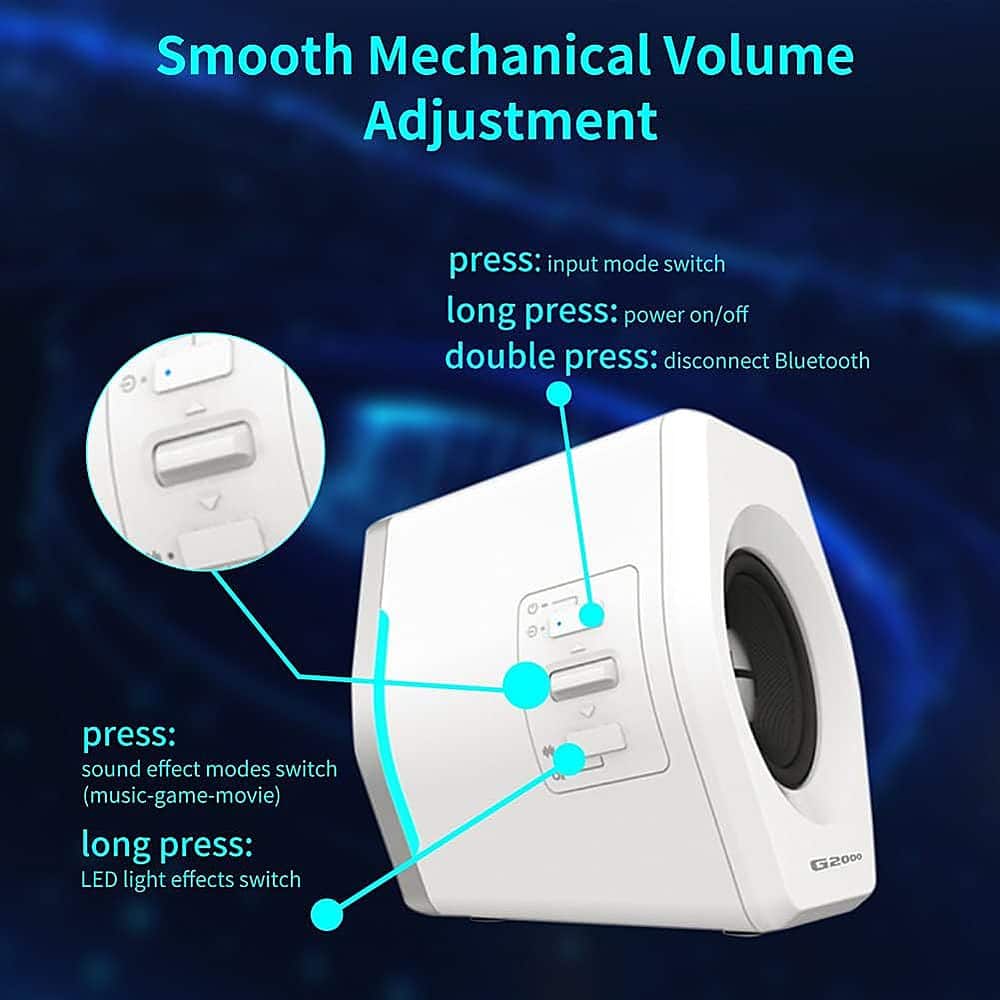 The image features a computer speaker with a smooth mechanical volume adjustment, which allows for precise control of the volume. The speaker has a press input mode switch, a long press power on/off switch, and a double press disconnect Bluetooth switch. Additionally, there is a sound effect modes switch for music, games, and movies, as well as a long press LED light effects switch. The speaker is designed to provide an enhanced audio experience for various activities.
