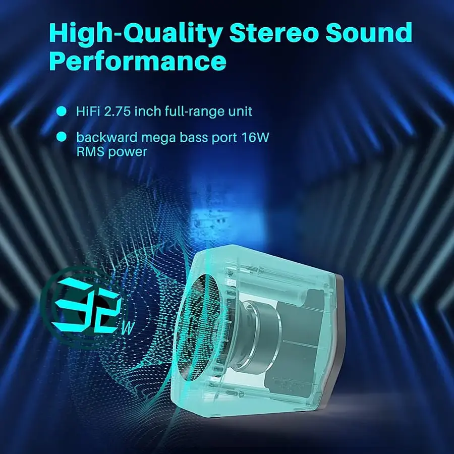 The image features a computer speaker with a blue and white design. The speaker is described as having high-quality stereo sound performance and a HiFi 2.75 inch full-range unit. It also has a backward mega bass port and a 16W RMS power rating. The speaker is likely designed to provide an enhanced audio experience for users.