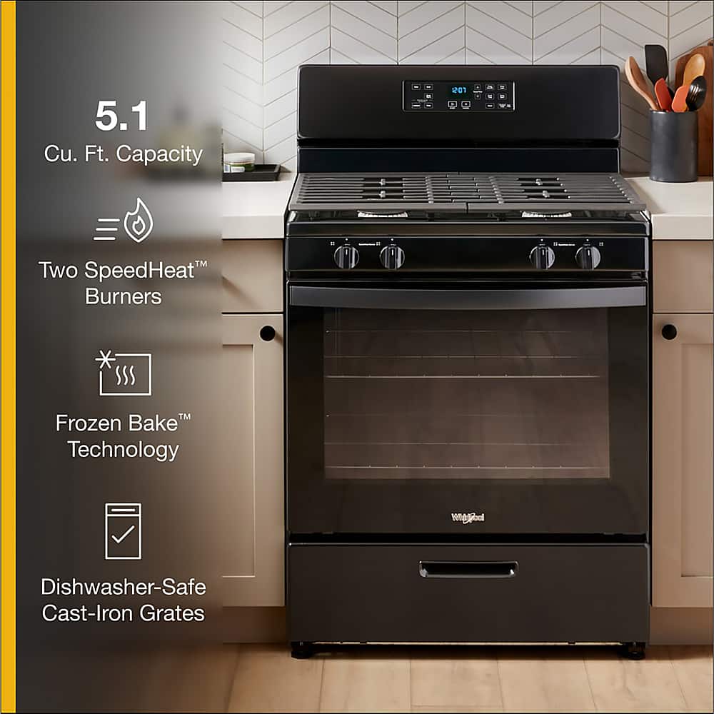 The text on the image is grouped and corrected as follows:
5.1 Cu. Ft. Capacity - 201 F - Two SpeedHeat Burners - Frozen BakeTM Technology - Dishwasher-Safe Cast-Iron Grates