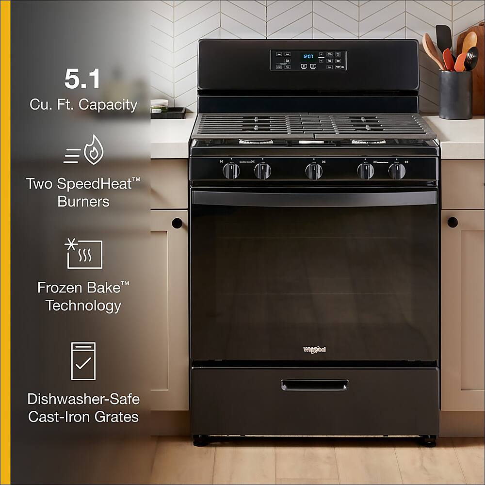 The text on the image is grouped and corrected as follows:

1. 5.1 Cu. Ft. Capacity
2. Two SpeedHeat Burners
3. Frozen Bake Technology
4. Dishwasher-Safe Cast-Iron Grates