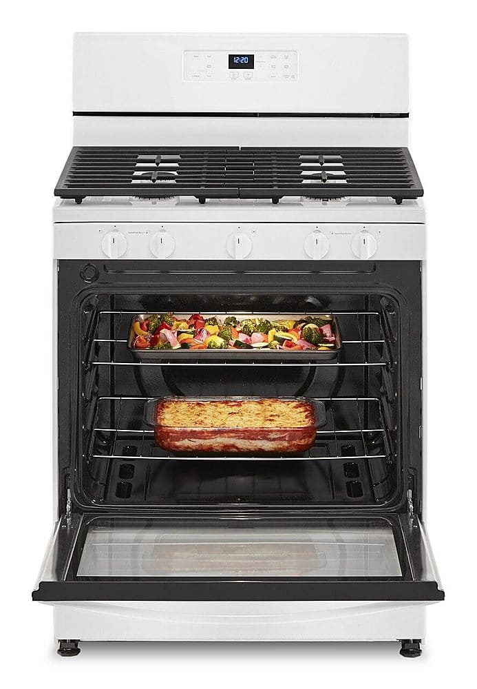The text on the image is grouped and corrected as follows:
5.1 Cu. Ft. Capacity
1201 TM Two SpeedHeat Burners
SSS Frozen Bake Technology
Whirlpool Dishwasher-Safe Cast-Iron Grates