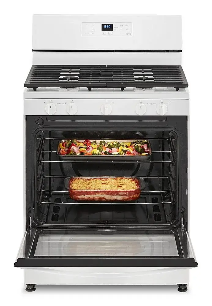 The text on the image is grouped and corrected as follows:

5.1 Cu. Ft. Capacity
1201 TM Two SpeedHeat Burners
SSS Frozen Bake Technology
Whirlpool Dishwasher-Safe Cast-Iron Grates