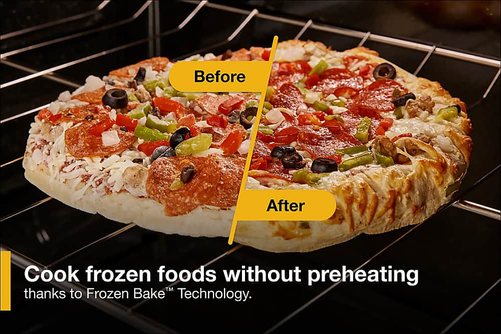 Before: Cook frozen foods without preheating. After: Thanks to Frozen BakeTM Technology.