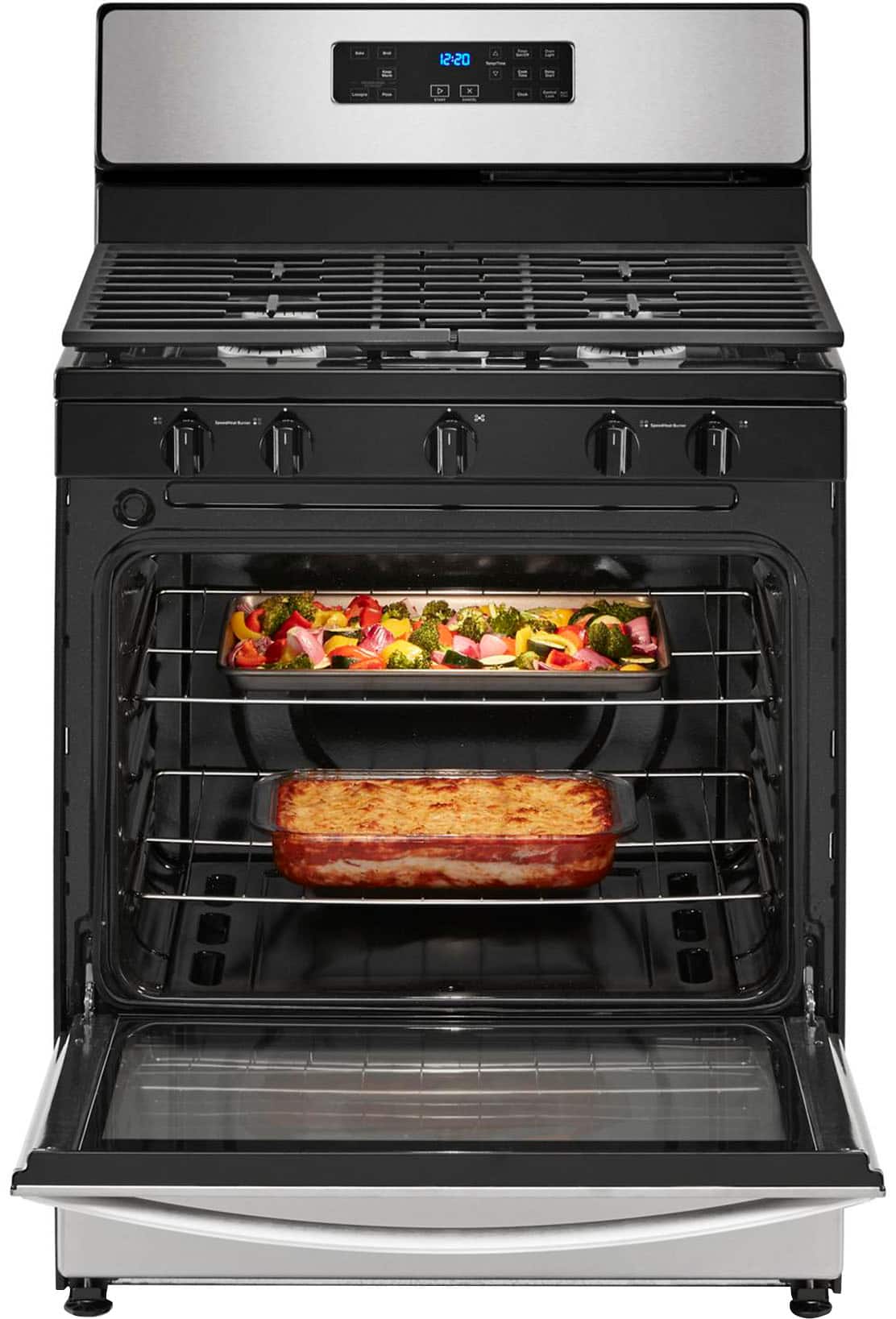 Left. Whirlpool - 5.1 Cu. Ft. Freestanding Gas Range with Edge to Edge Cooktop - Stainless Steel.