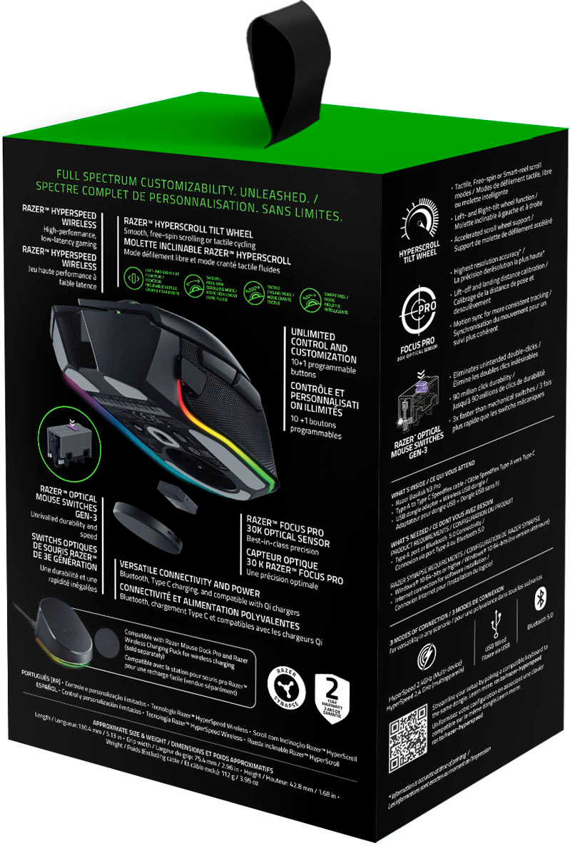 Razer Basilisk V3 Pro - Souris Gaming sans Fil (Molette HyperScroll Tilt,  Capteur Optique Focus Pro 30K, Eclairage Chroma 13 Zones, 10+1 Boutons