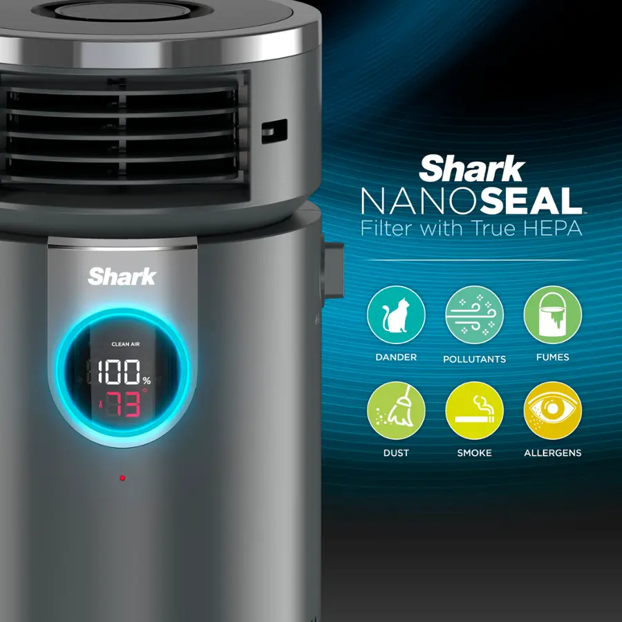 The image features a Shark NanoSeal air purifier with a True HEPA filter. The air purifier is designed to remove various pollutants, including dander, dust, smoke, and allergens. The device has a digital display, which shows the current air quality and temperature. The air purifier is advertised as being effective in cleaning the air and providing a healthier environment for users.