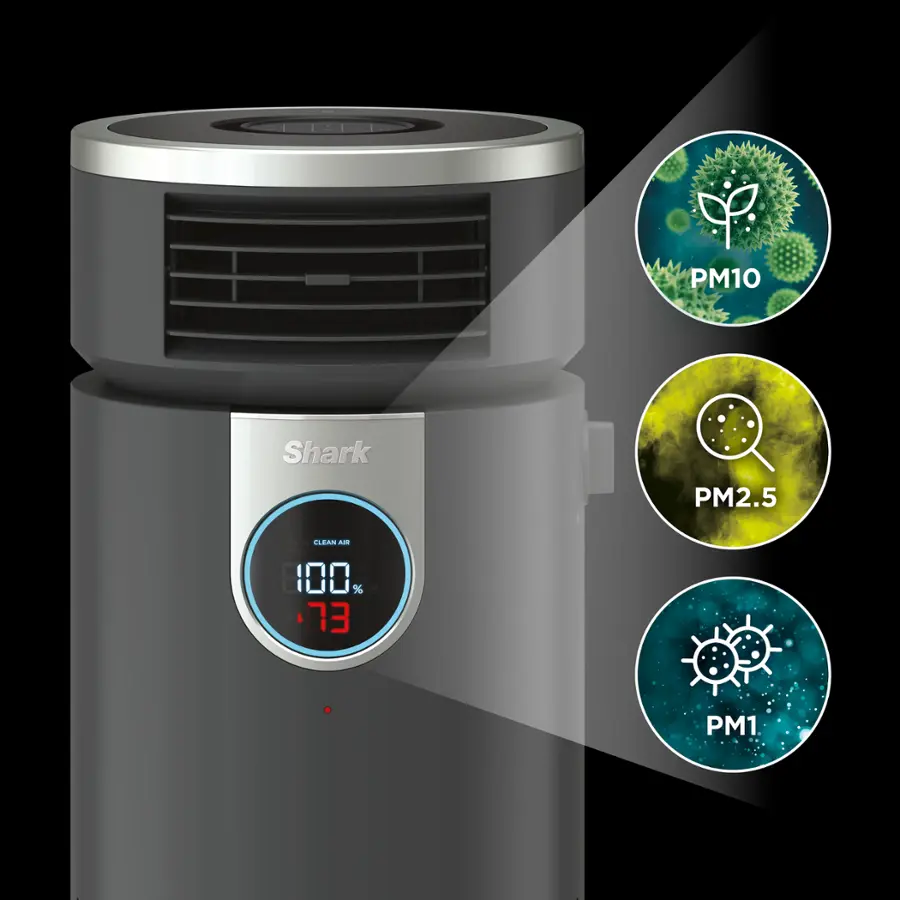 The image features a Shark air purifier with a digital display showing the current air quality. The air purifier is designed to remove PM10 and PM2.5 particles from the air, providing a cleaner and healthier environment. The display shows that the air quality is currently at 100%, with a reading of 73. The image also includes icons representing the air purifier's functions and benefits, such as clean air and improved air quality.