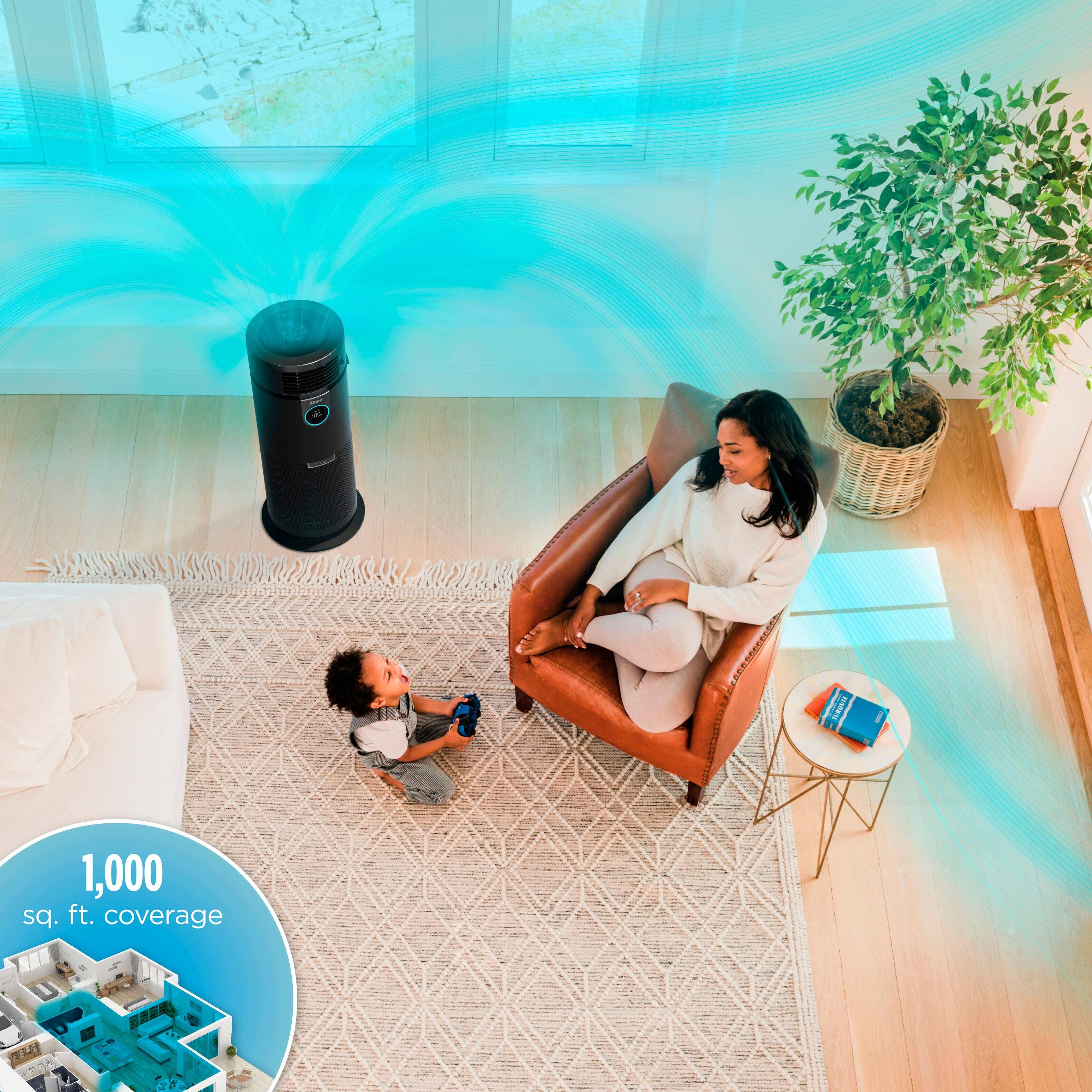 The image features a woman doing a yoga pose on a mat, with a purified fan in the background. The fan is described as powerful and purified, providing airflow with oscillation. The woman is wearing a tank top and appears to be in a relaxed and focused state. The scene suggests a connection between the purified airflow and the woman's well-being during her yoga practice.