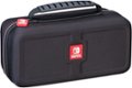 The image features a black Nintendo Switch carrying case, which is designed to protect the gaming console during transportation. The case is made of durable materials and has a handle for easy carrying. The Nintendo Switch logo is prominently displayed on the case, indicating its compatibility with the gaming console. The case is large enough to accommodate the Switch console and its accessories, providing a convenient and secure way to transport the gaming system.