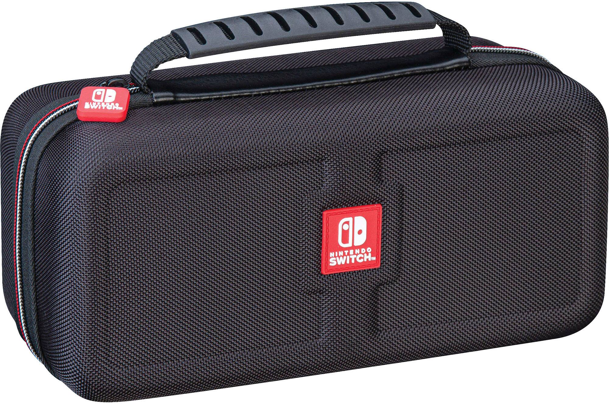 The image features a black Nintendo Switch carrying case, which is designed to protect the gaming console during transportation. The case is made of durable materials and has a handle for easy carrying. The Nintendo Switch logo is prominently displayed on the case, indicating its compatibility with the gaming console. The case is large enough to accommodate the Switch console and its accessories, providing a convenient and secure way to transport the gaming system.