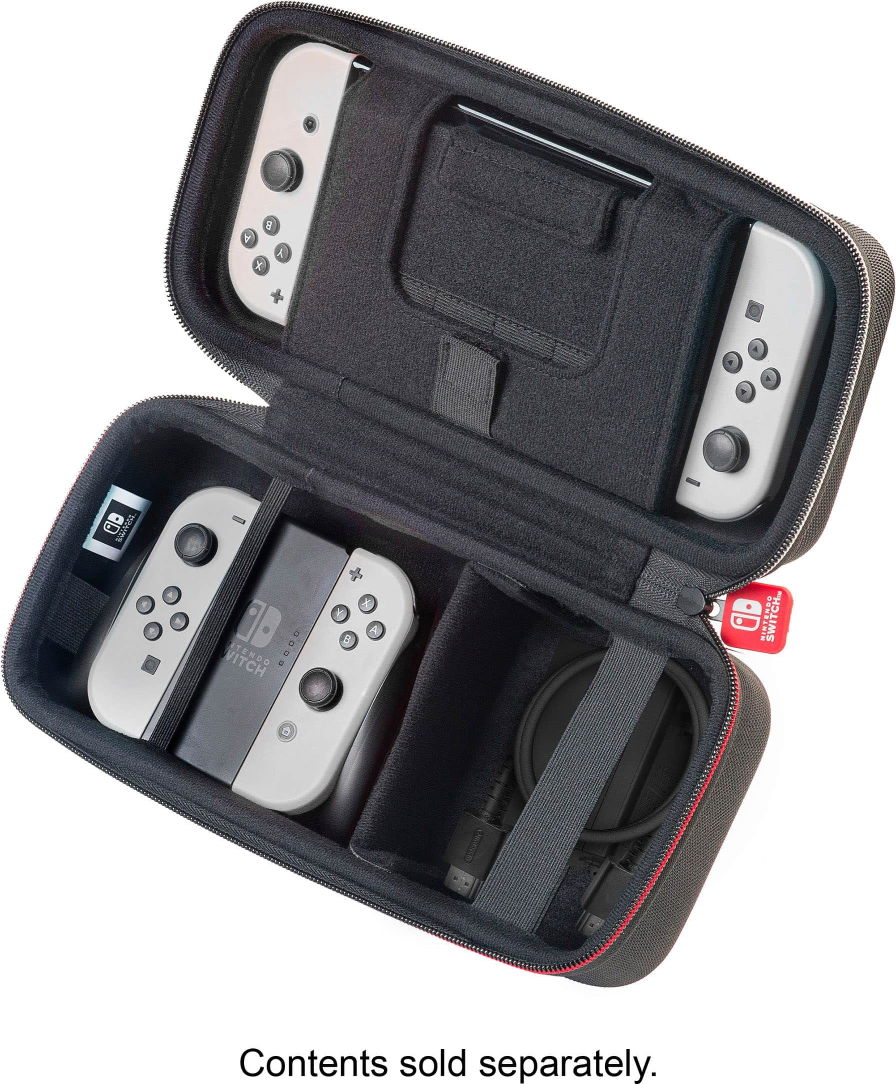 The image features a Nintendo Switch game system with a case that holds the controllers and cords. The case is black and has a red logo on it. The Switch system is placed inside the case, along with the controllers and cords. The controllers are positioned in various compartments within the case, making it a convenient and organized storage solution for the gaming system and its accessories.