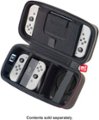 The image features a Nintendo Switch game system with a case that holds the controllers and cords. The case is black and has a red logo on it. The Switch system is placed inside the case, along with the controllers and cords. The controllers are positioned in various compartments within the case, making it a convenient and organized storage solution for the gaming system and its accessories.
