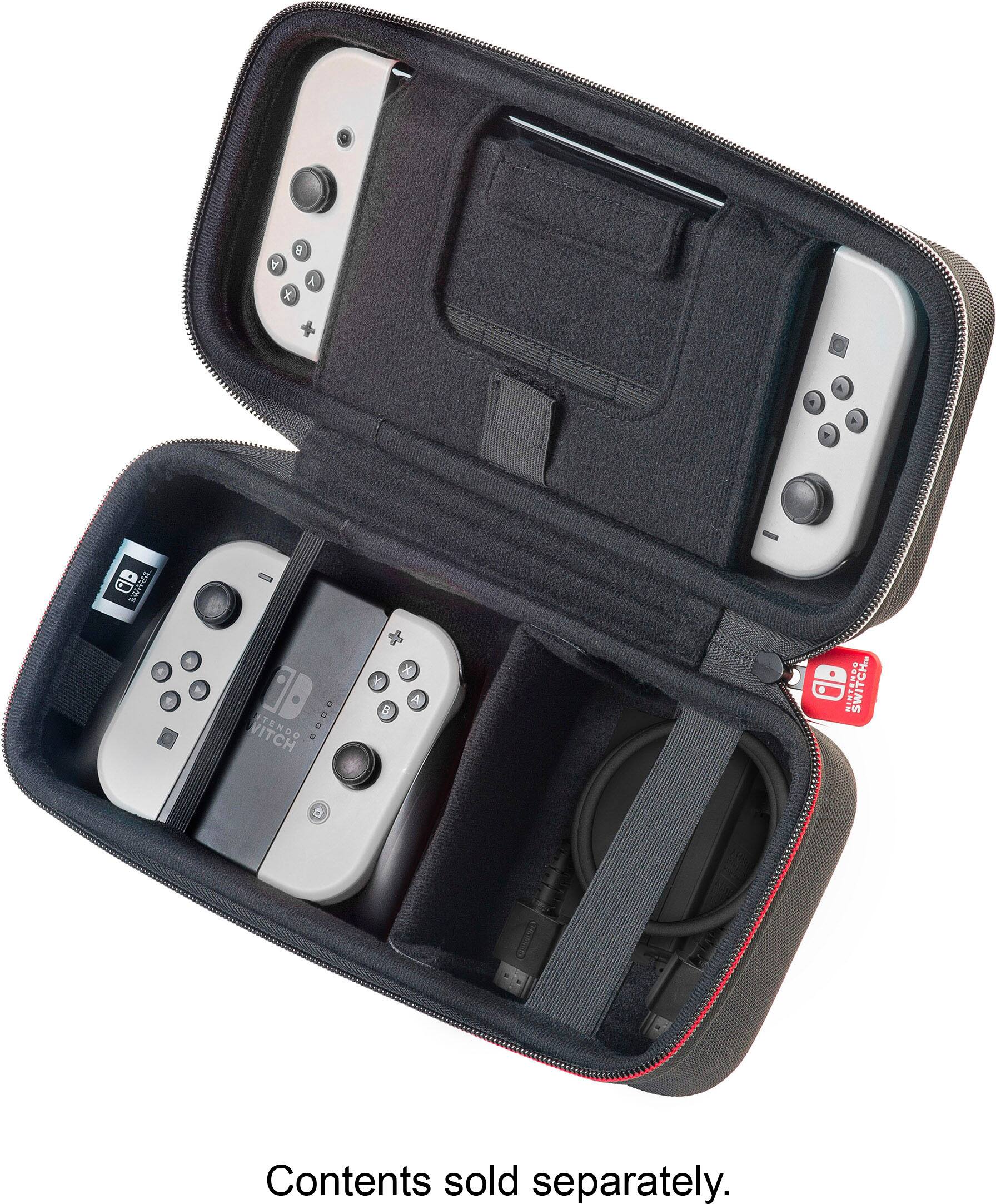 The image features a Nintendo Switch game system with a case that holds the controllers and cords. The case is black and has a red logo on it. The Switch system is placed inside the case, along with the controllers and cords. The controllers are positioned in various compartments within the case, making it a convenient and organized storage solution for the gaming system and its accessories.