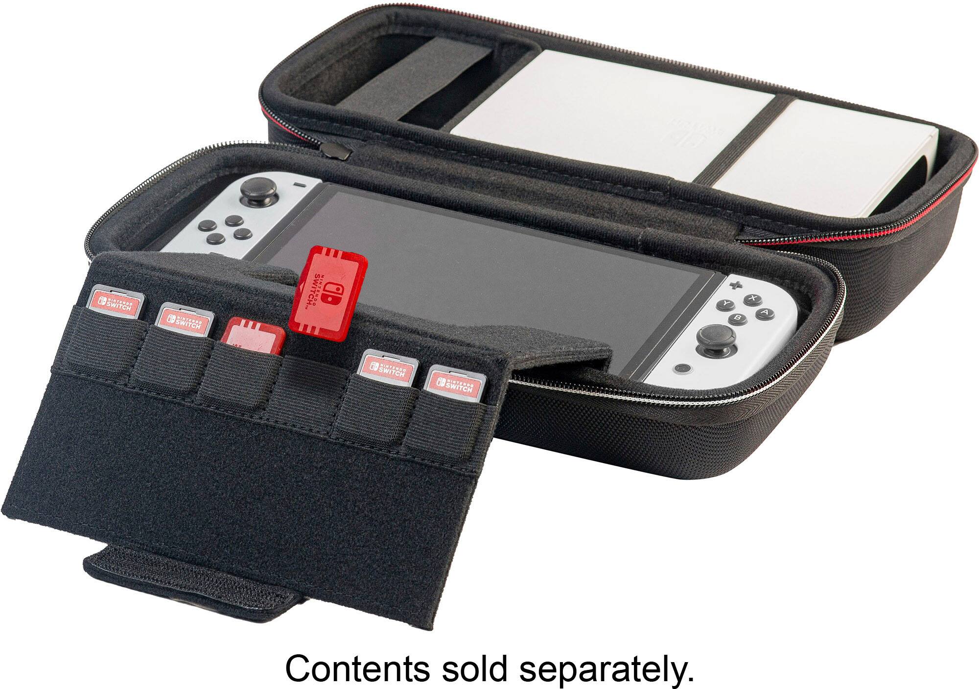 The image features a black case with a red button on top, designed to hold a Nintendo Wii game controller. The case is open, revealing the controller inside. The Wii remote is placed in the case, which is specifically designed for the Wii game system.